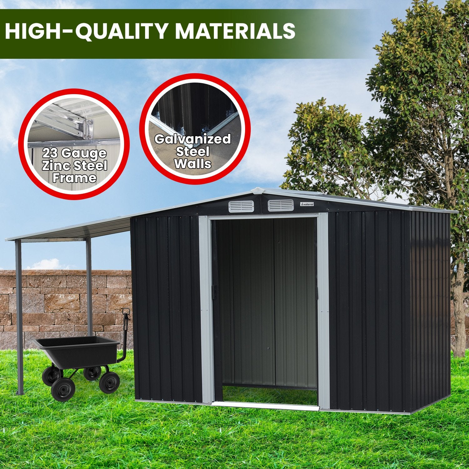 Wallaroo 4x8ft Zinc Steel Garden Shed with Open Storage - Black V240-GSS-BSW-48O-BK
