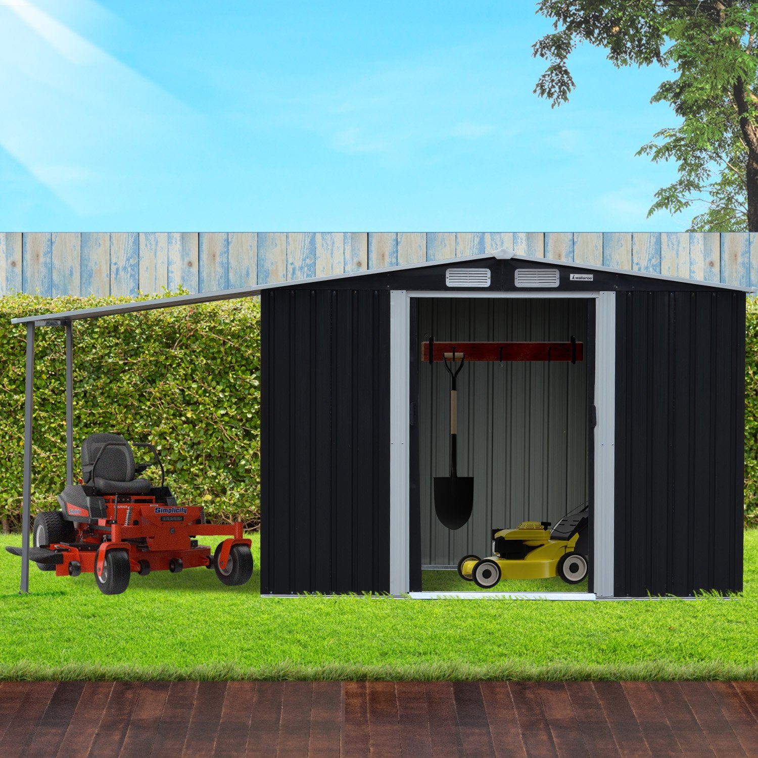 Wallaroo 4x8ft Zinc Steel Garden Shed with Open Storage - Black V240-GSS-BSW-48O-BK