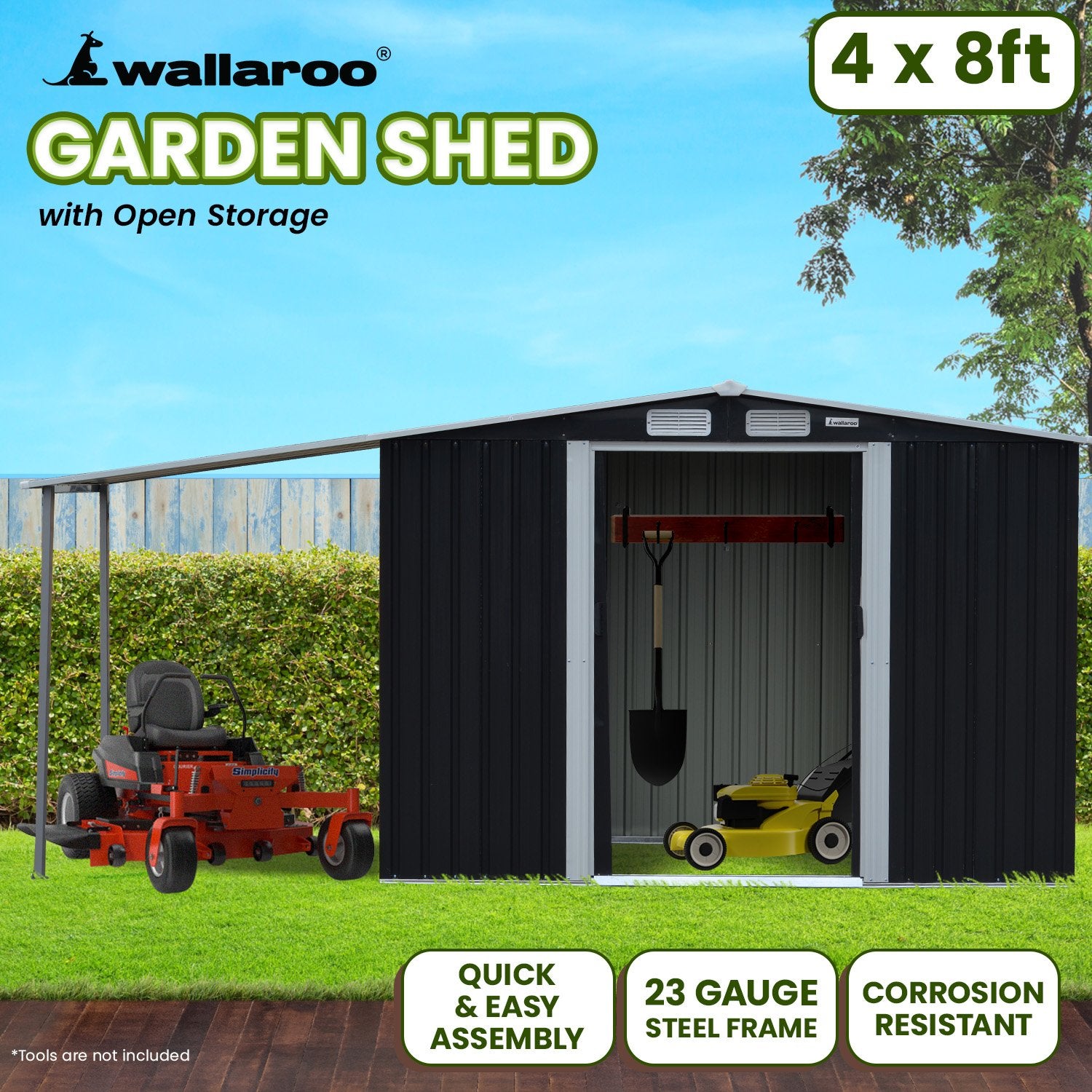 Wallaroo 4x8ft Zinc Steel Garden Shed with Open Storage - Black V240-GSS-BSW-48O-BK