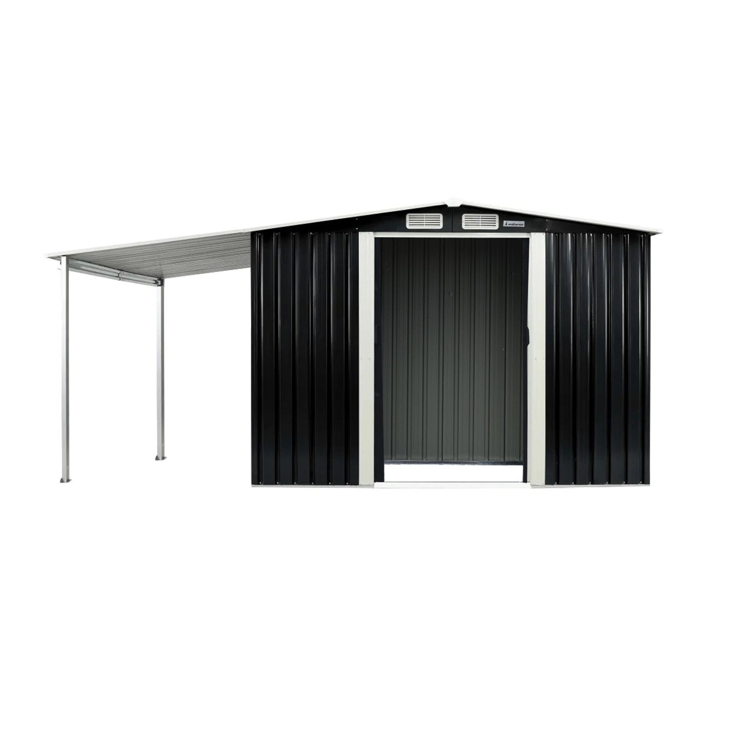 Wallaroo 6x8ft Zinc Steel Garden Shed with Open Storage - Black V240-GSS-BSW-68O-BK