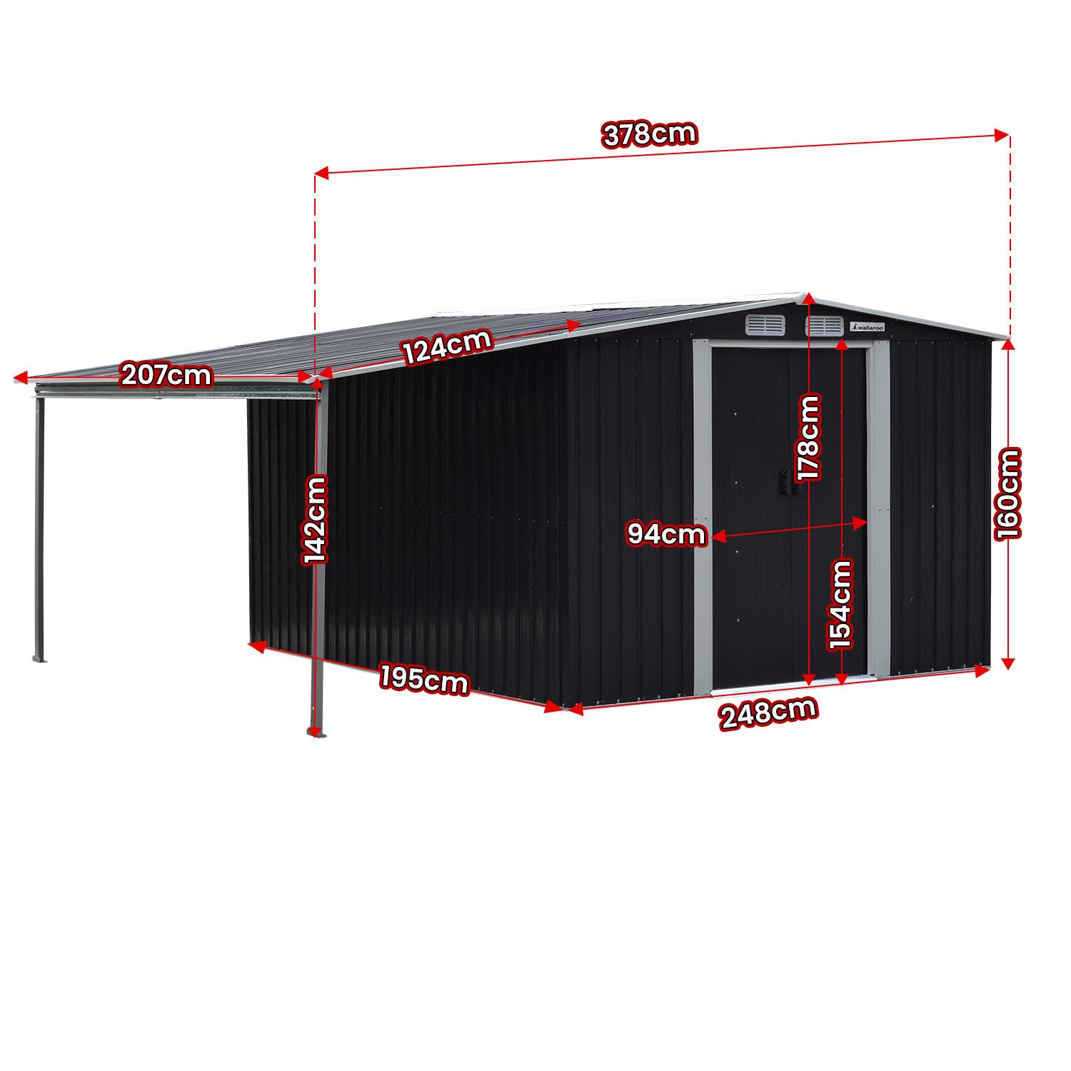Wallaroo 6x8ft Zinc Steel Garden Shed with Open Storage - Black V240-GSS-BSW-68O-BK