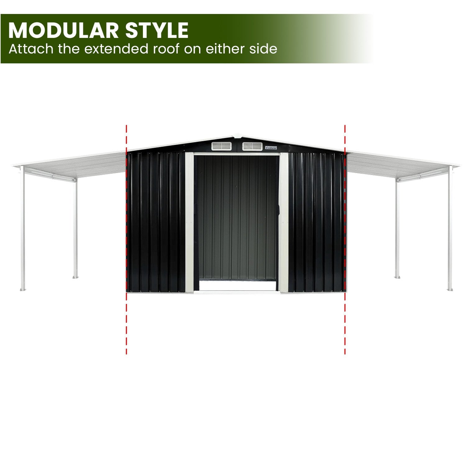 Wallaroo 6x8ft Zinc Steel Garden Shed with Open Storage - Black V240-GSS-BSW-68O-BK