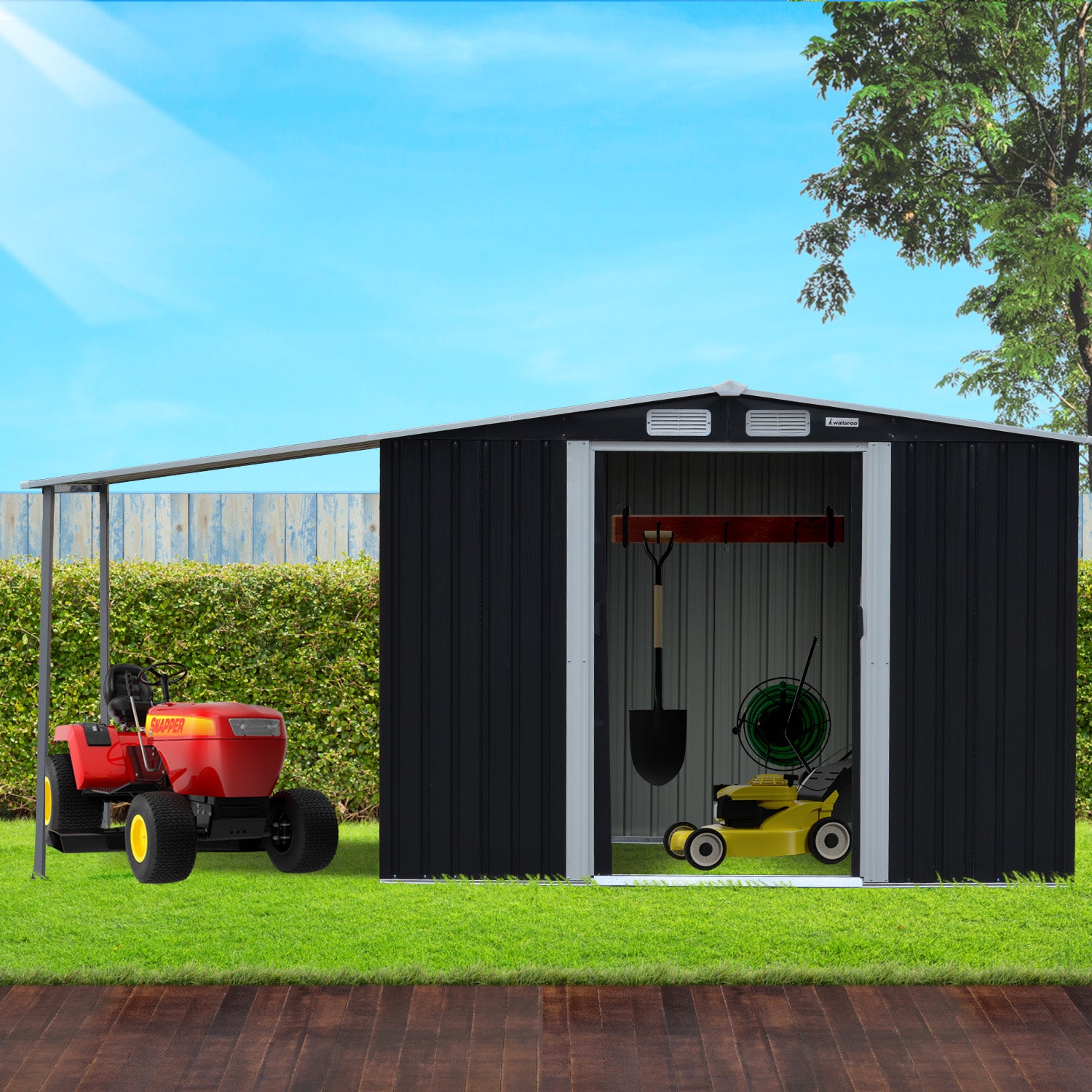 Wallaroo 6x8ft Zinc Steel Garden Shed with Open Storage - Black V240-GSS-BSW-68O-BK