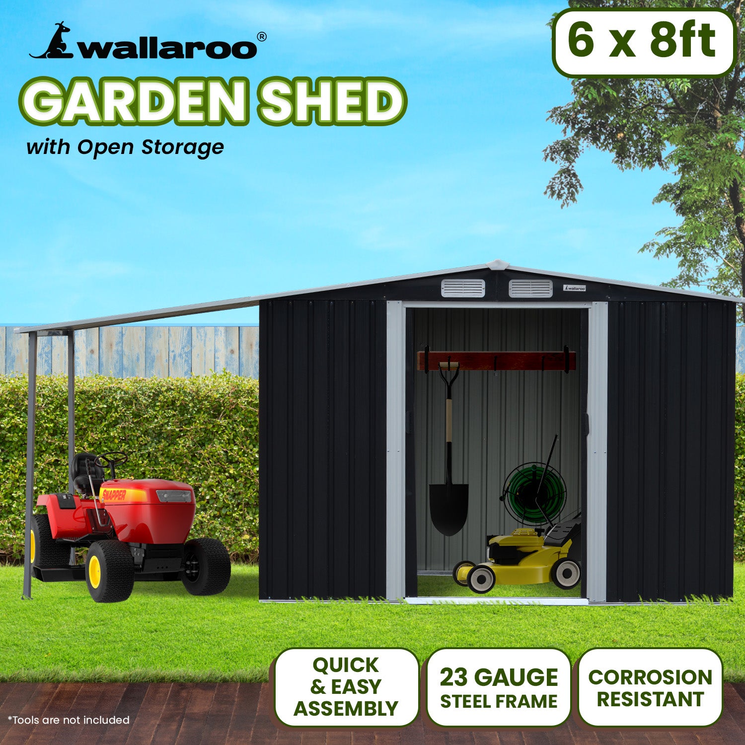Wallaroo 6x8ft Zinc Steel Garden Shed with Open Storage - Black V240-GSS-BSW-68O-BK