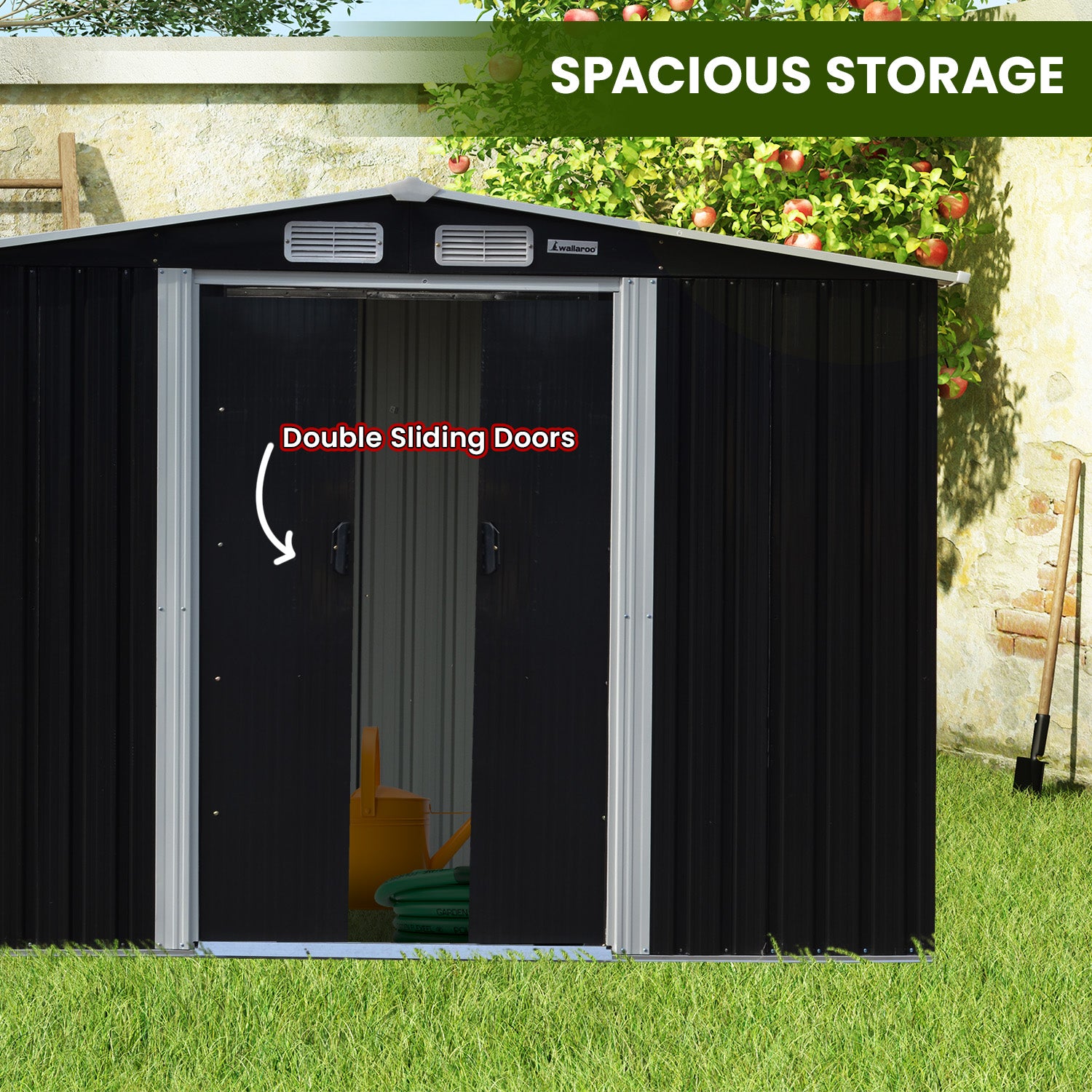 Wallaroo Garden Shed with Semi-Close Storage 6*8FT - Black V240-GSS-BSW-68S-BK