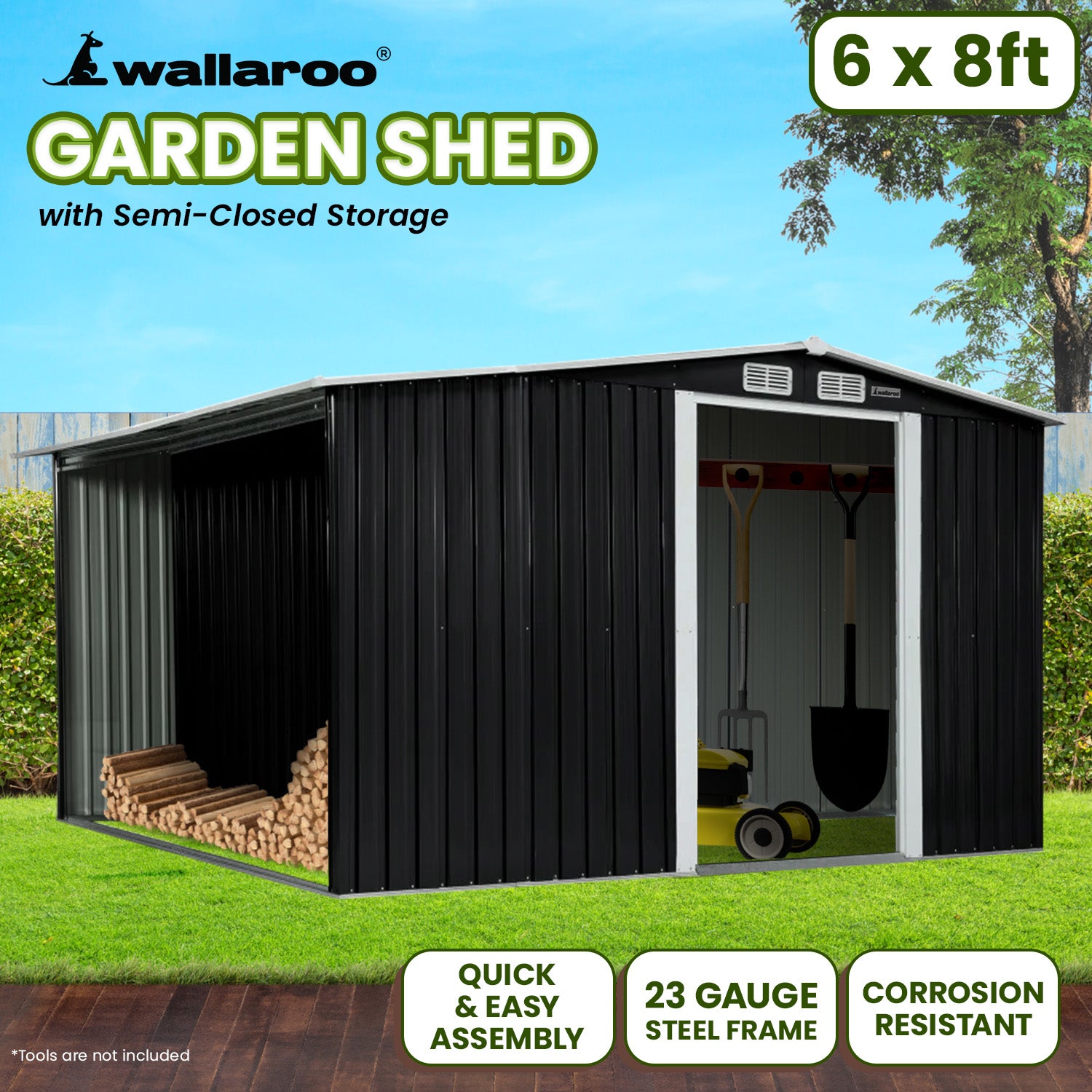 Wallaroo Garden Shed with Semi-Close Storage 6*8FT - Black V240-GSS-BSW-68S-BK