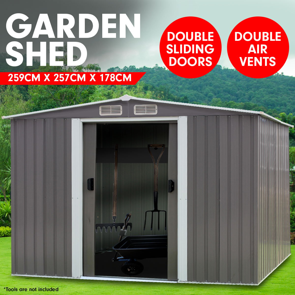 Wallaroo Garden Shed Spire Roof 8ft x 8ft Outdoor Storage Shelter - Grey V240-GSS-BSW-88N-GY