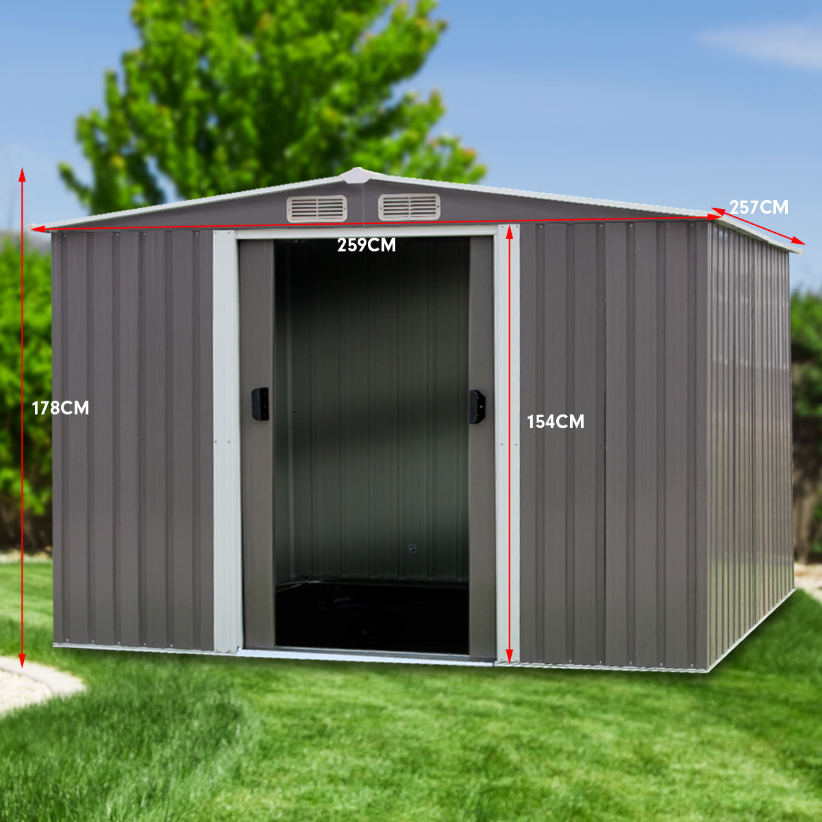 Wallaroo Garden Shed Spire Roof 8ft x 8ft Outdoor Storage Shelter - Grey V240-GSS-BSW-88N-GY