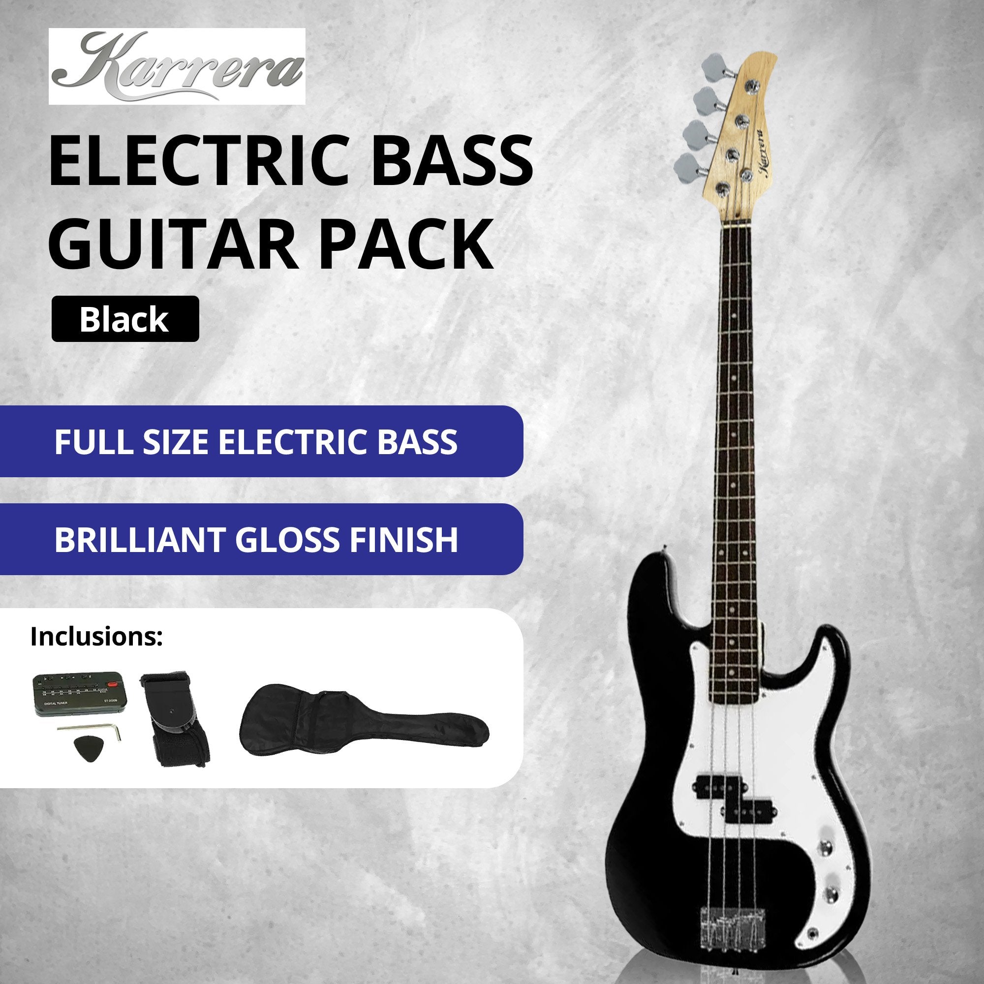 Karrera 39in Electric Guitar Bass Tuner Music 4-String Instrument Full Size Black V240-GTR-JB2-15W-BK