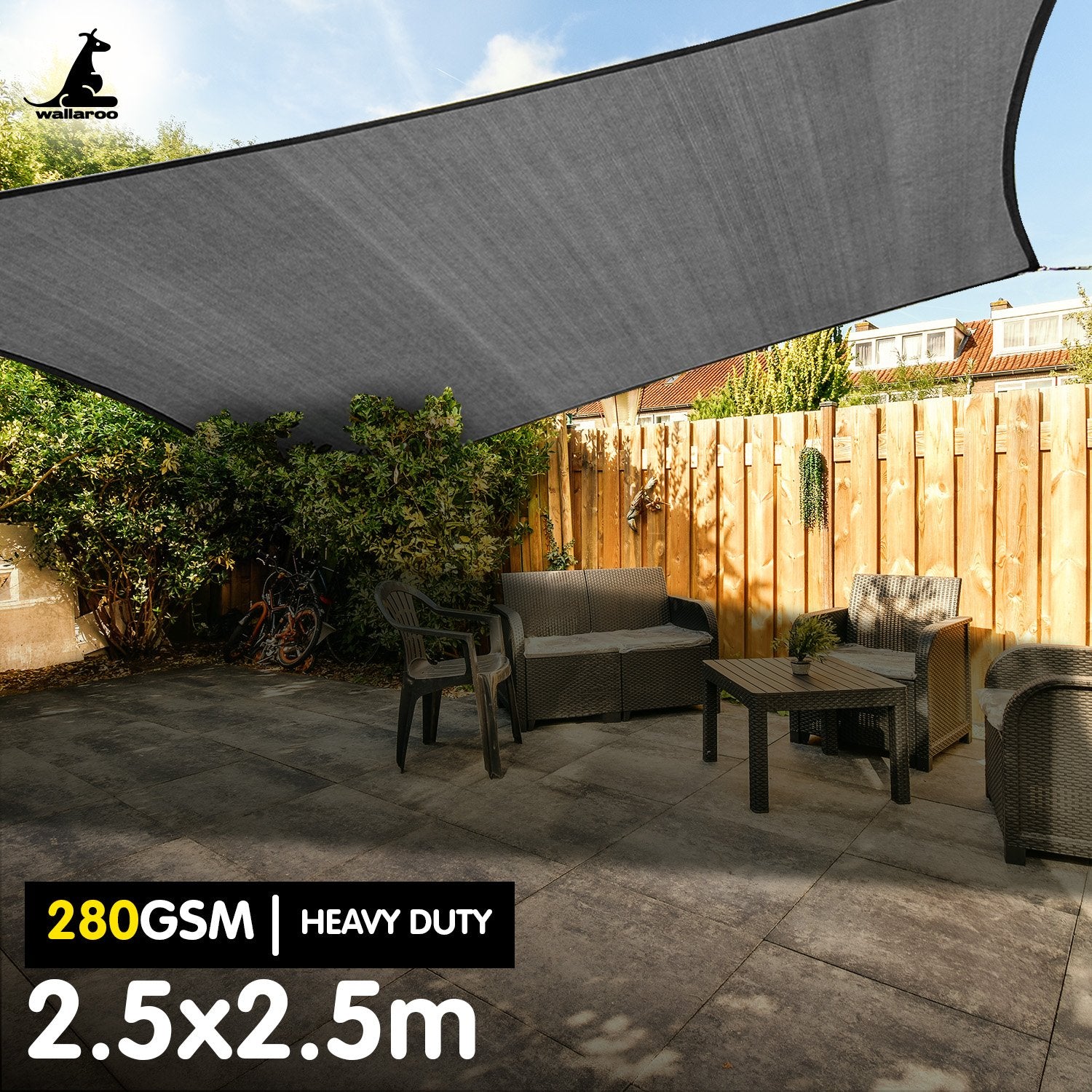 Wallaroo 280gsm Outdoor Sun Shade Sail Canopy Grey Square 2.5m X 2.5m V240-GYSS-280-25X25