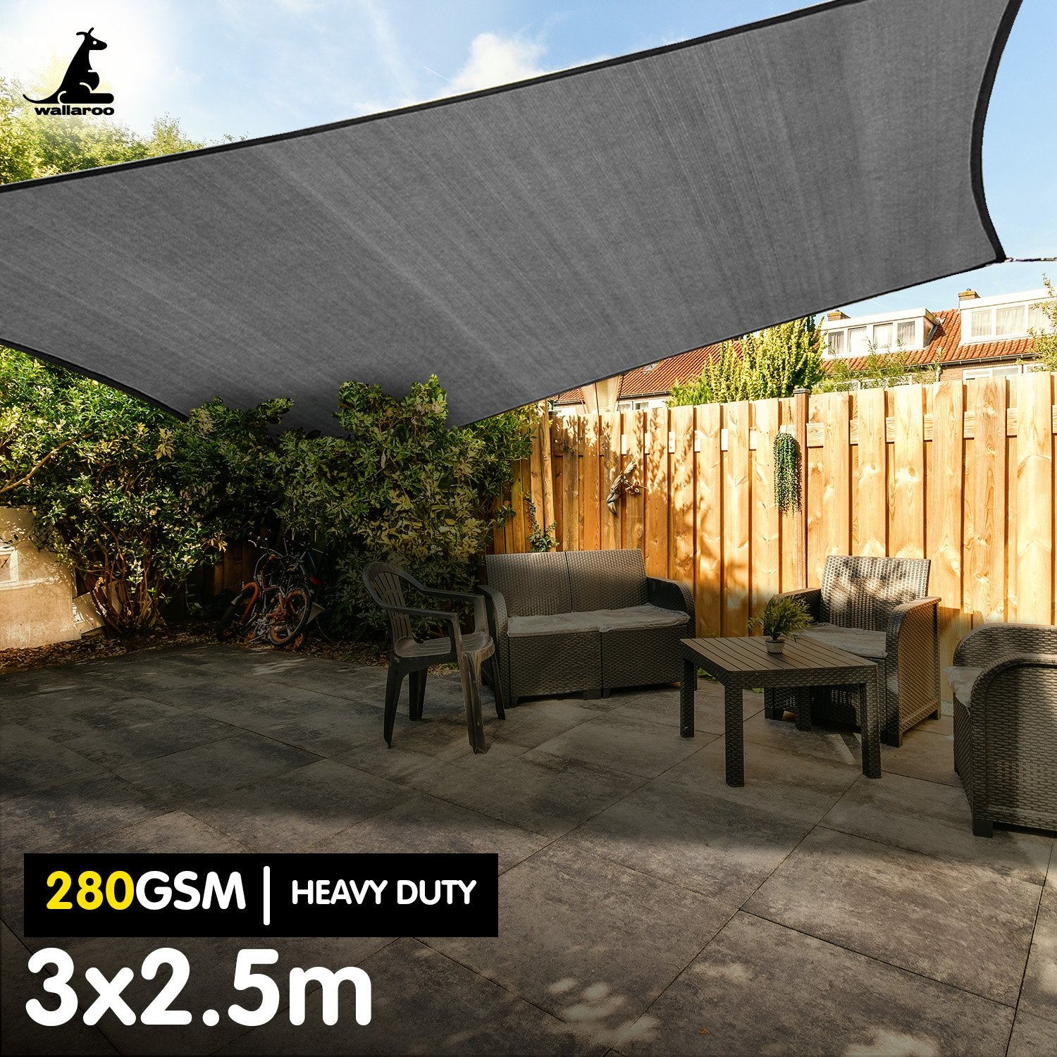 Wallaroo 280gsm Outdoor Sun Shade Sail Canopy Grey - 3m X 2.5m V240-GYSS-280-3X25