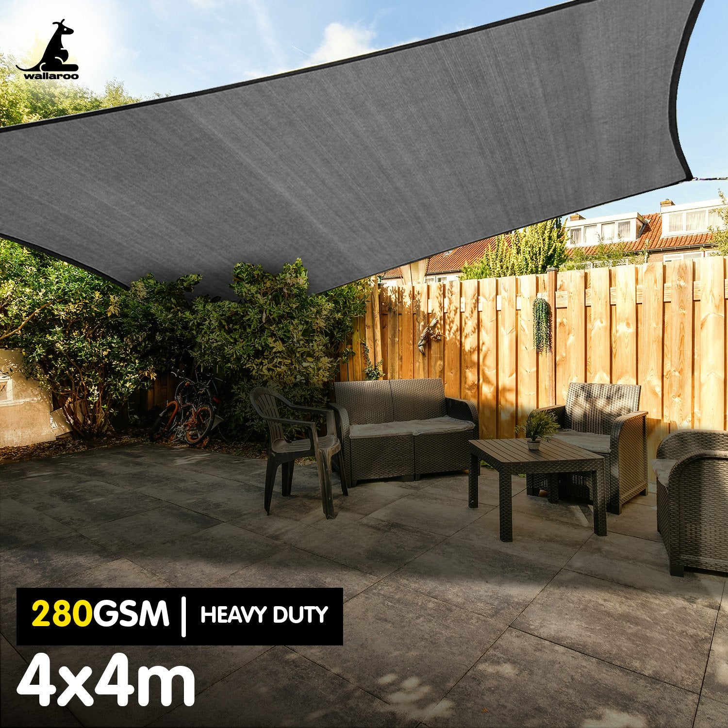 Wallaroo 280gsm Outdoor Sun Shade Sail Canopy Grey - 4m X 4m V240-GYSS-280-4X4