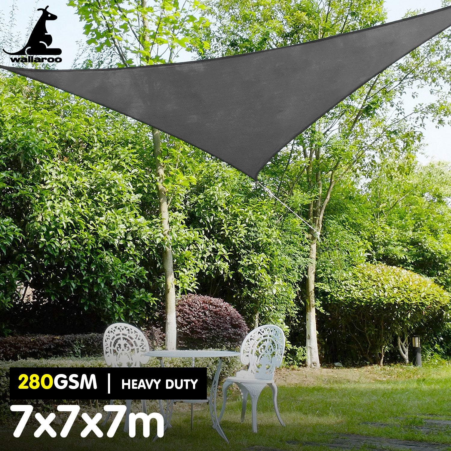 Wallaroo 280GSM Outdoor Sun Shade Sail Canopy Grey Triangle 7m x 7m x 7m V240-GYSS-280-777