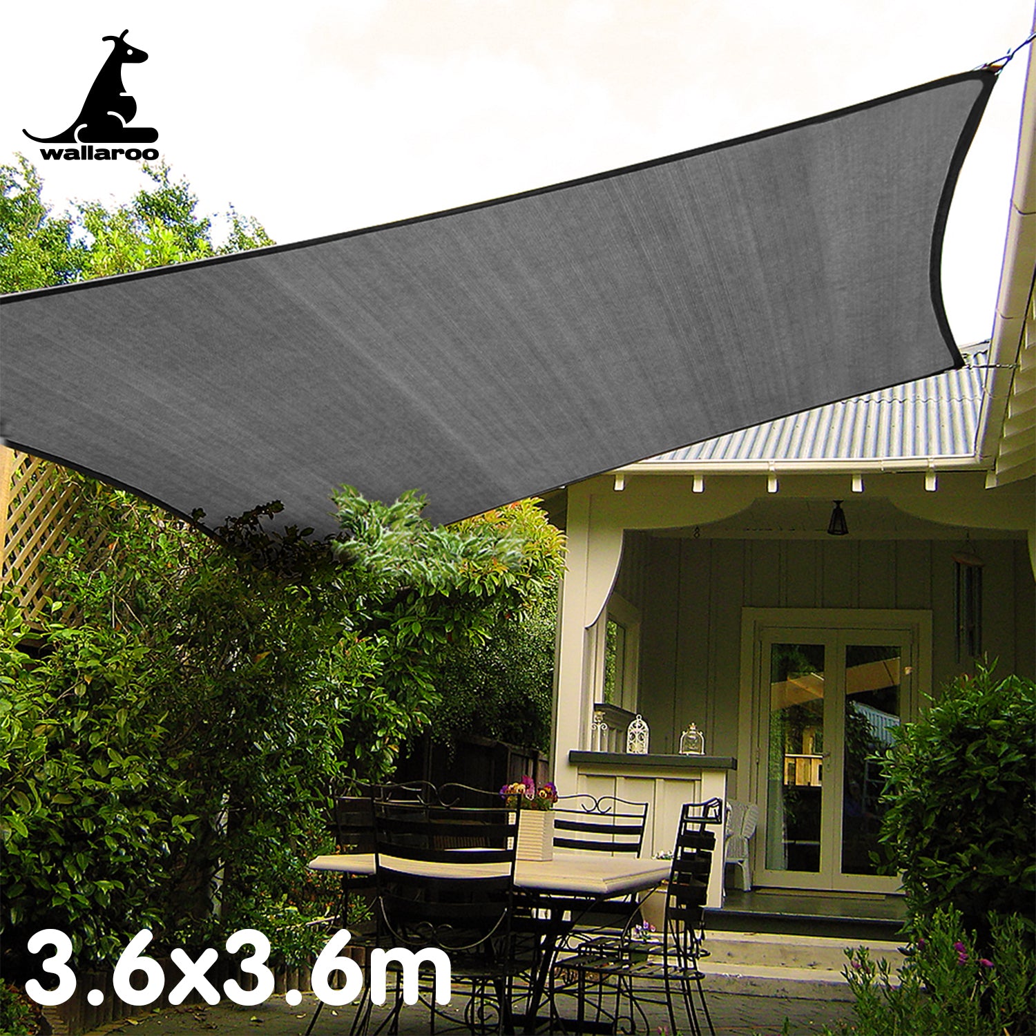 Wallaroo Outdoor Sun Shade Sail Canopy Grey Square 3.6 x 3.6M V240-GYSS-36-SQ