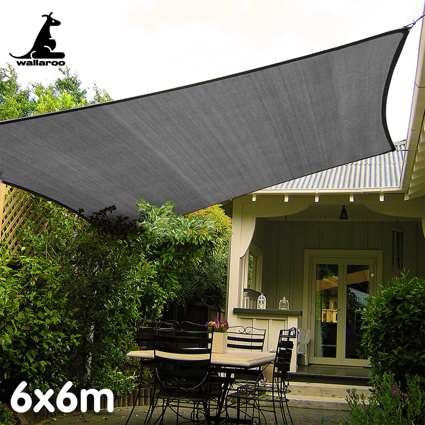 Wallaroo Outdoor Sun Shade Sail Canopy Grey Square 6 x 6M V240-GYSS-6X6