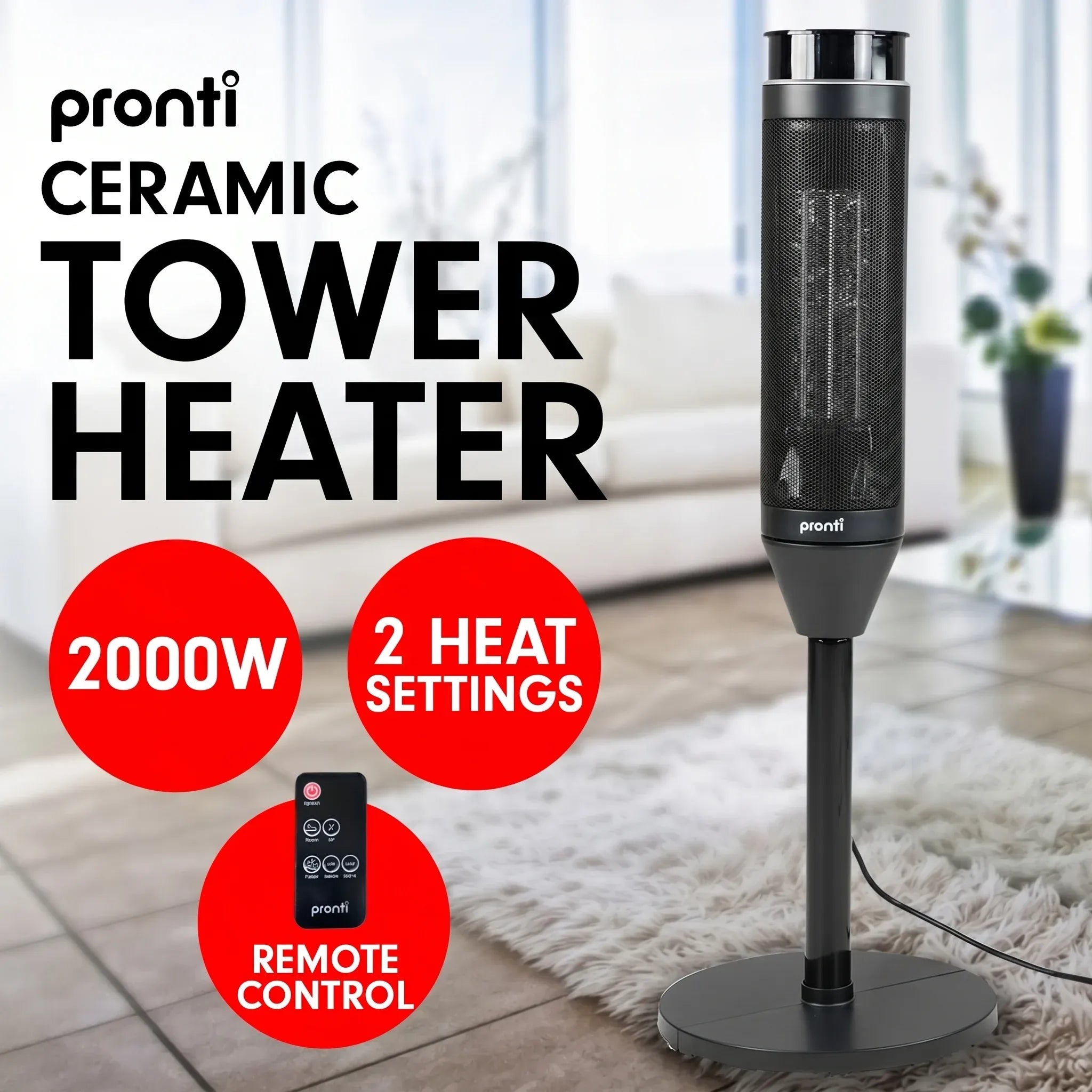 Pronti Electric Tower Heater 2000W Ceramic Portable Remote - Black V240-HEA-PCT-67HL-BK