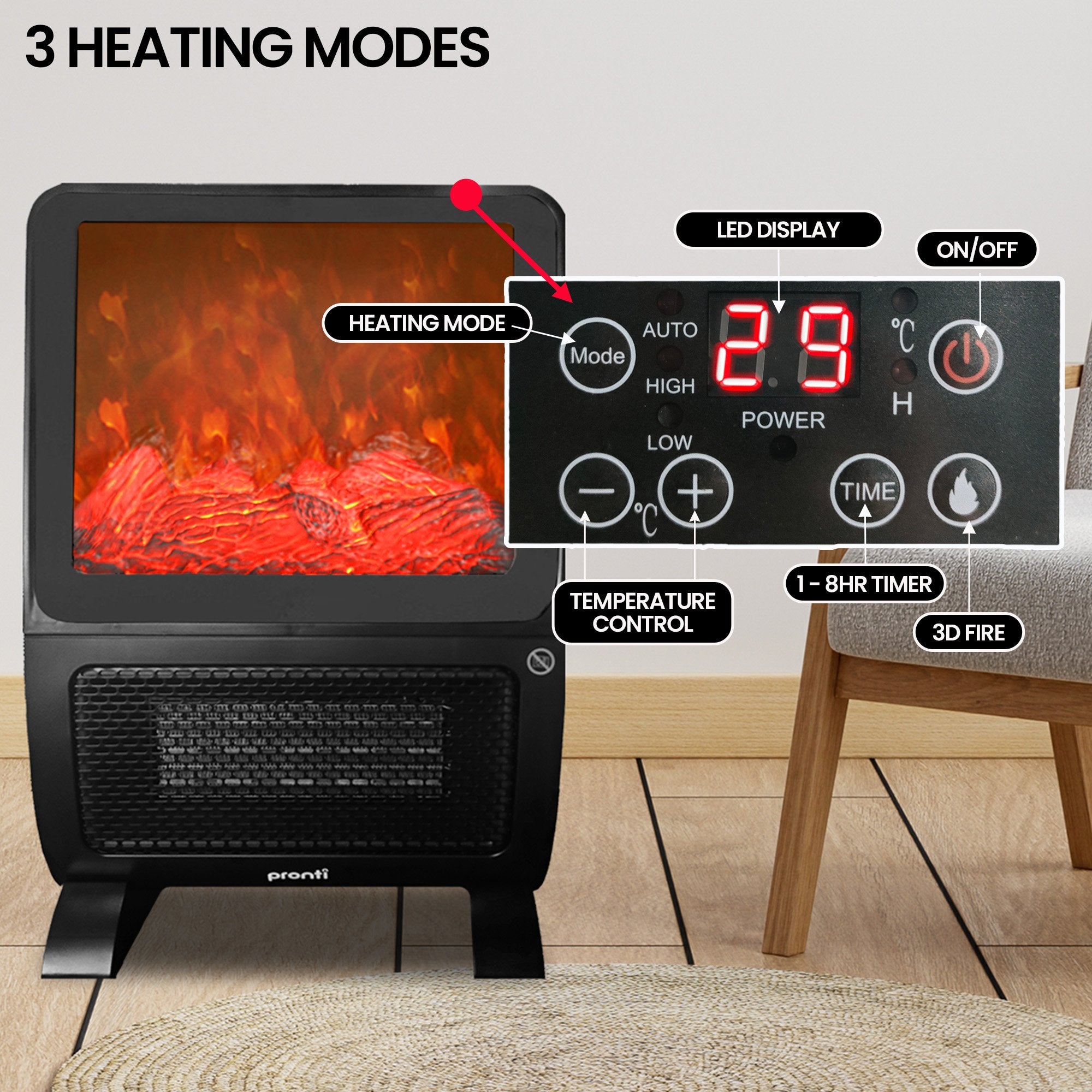Pronti 2000W 3D Fire PTC Electric Portable Room Heater V240-HEA-TPN-TPC-RB