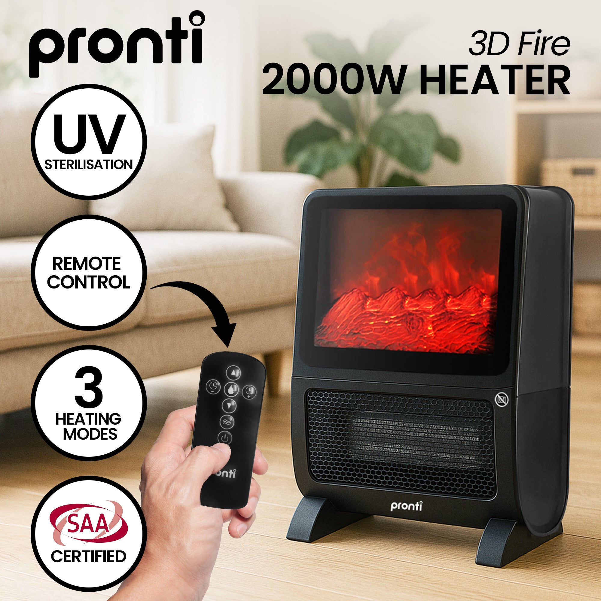 Pronti 2000W 3D Fire PTC Electric Portable Room Heater V240-HEA-TPN-TPC-RB