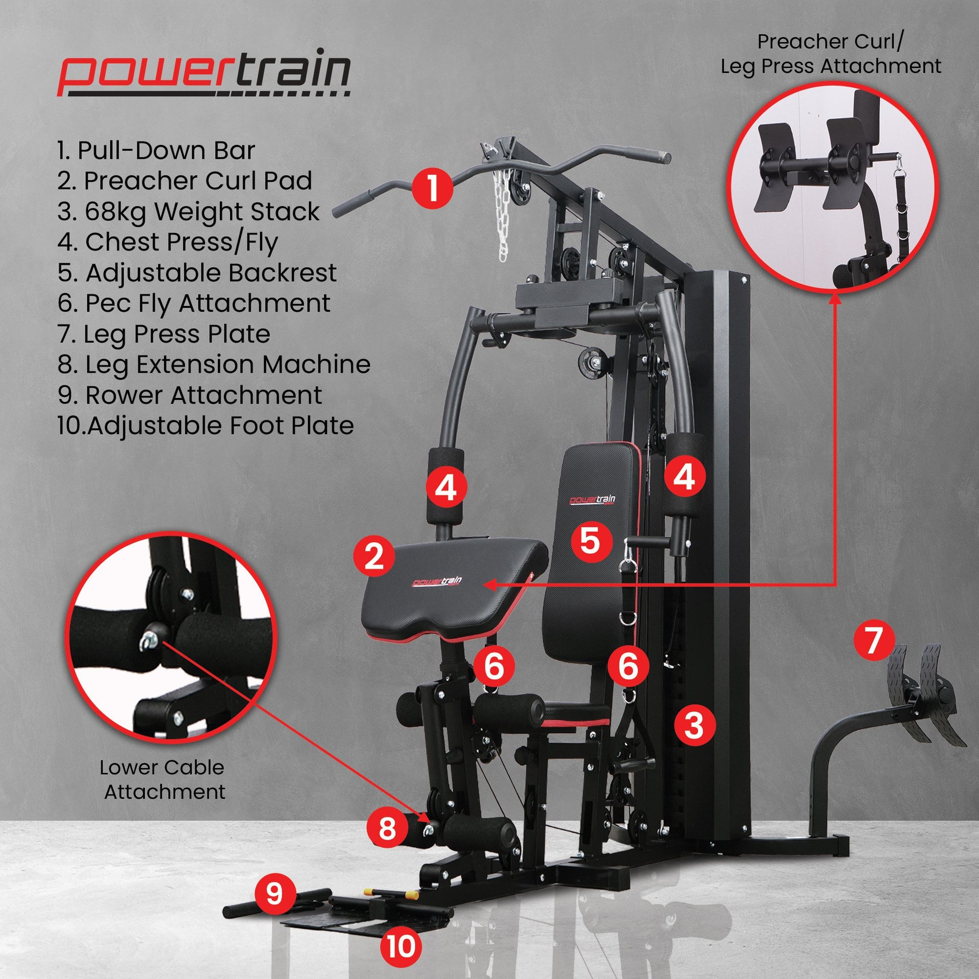 Powertrain Jx-89 Multi Station Home Gym 68kg Weight Cable Machine V240-HGM-89F-JX