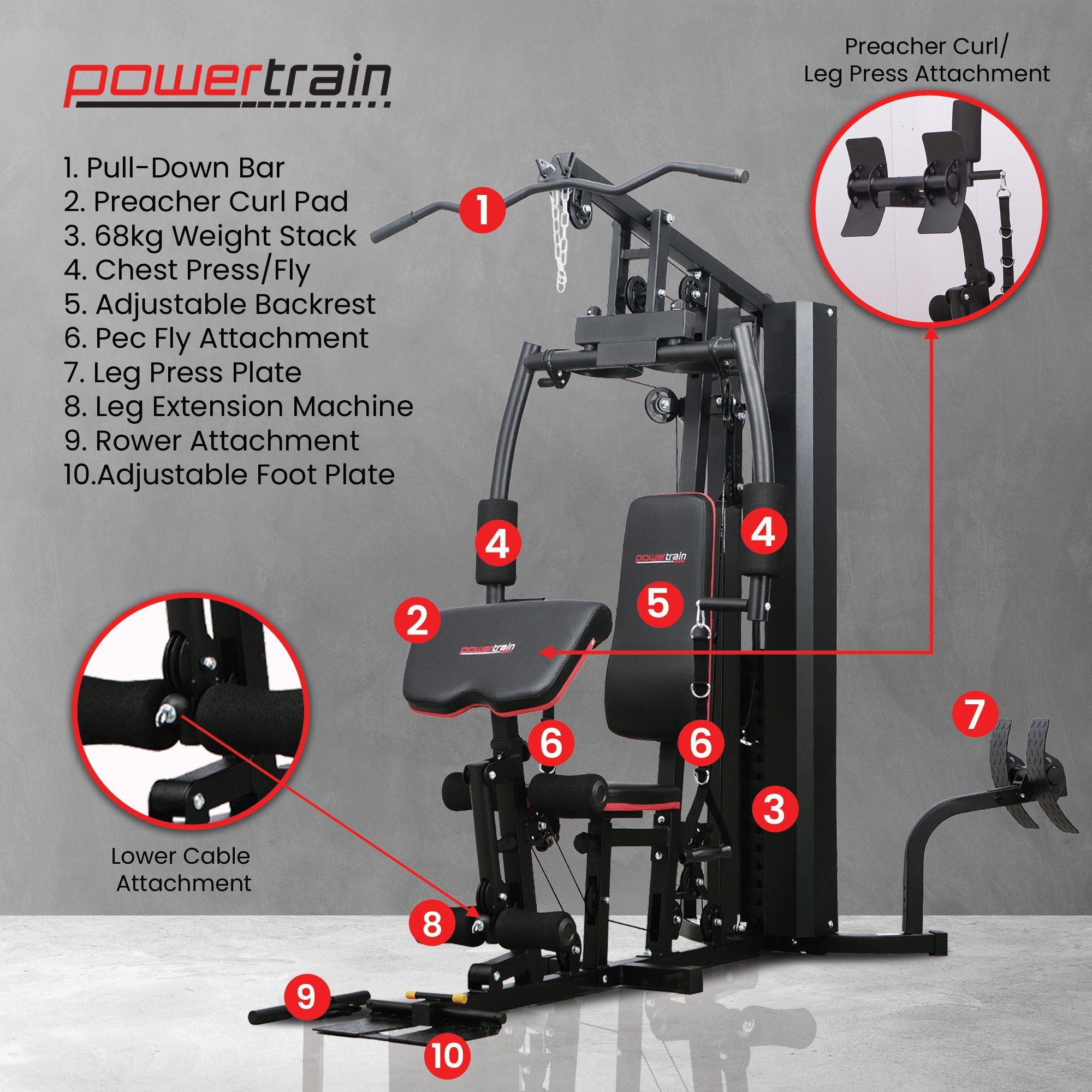 Powertrain Jx-89 Multi Station Home Gym 68kg Weight Cable Machine V240-HGM-89F-JX
