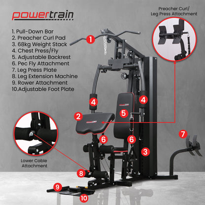 Powertrain Jx-89 Multi Station Home Gym 68kg Weight Cable Machine V240-HGM-89F-JX