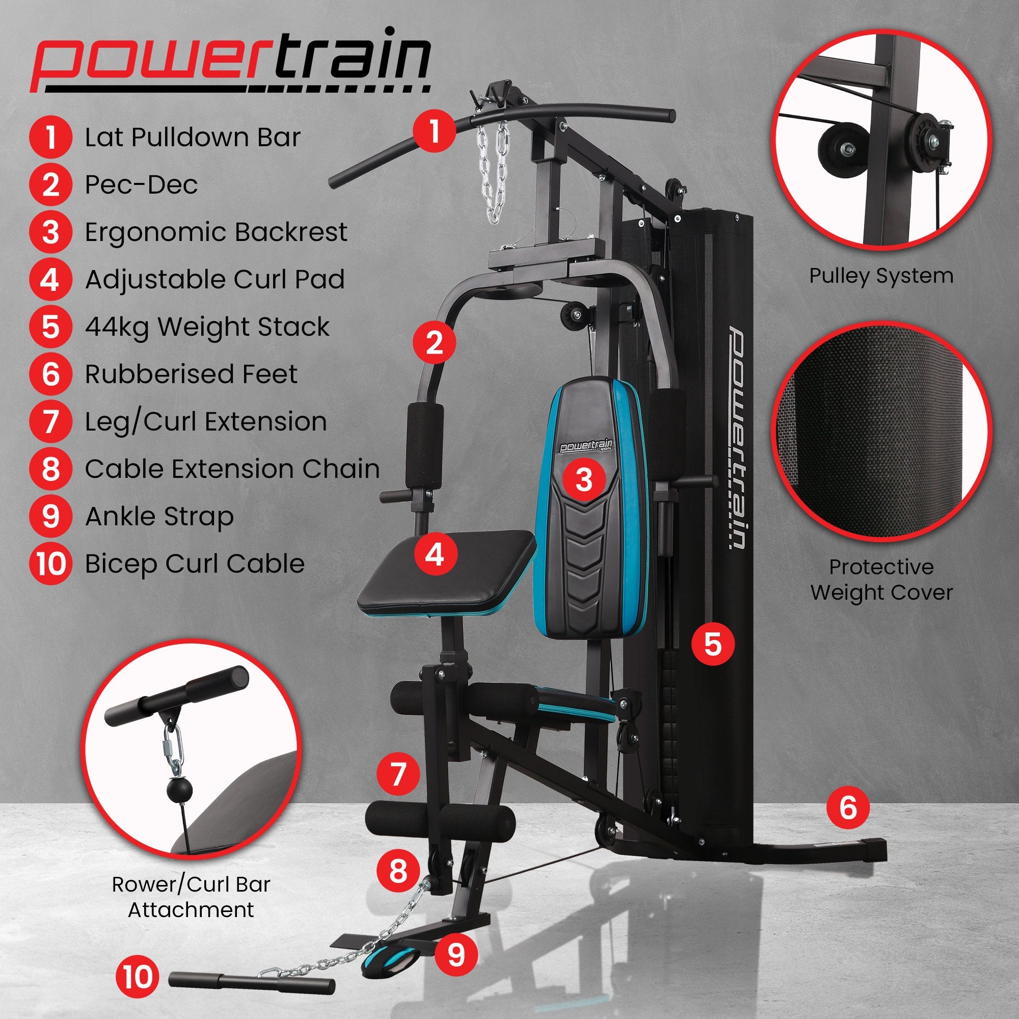 Powertrain JX-300 Multi Station Home Gym 44kg Weight Stack Cable Machine, Curl Pad Leg Extension and V240-HGM-JX-300