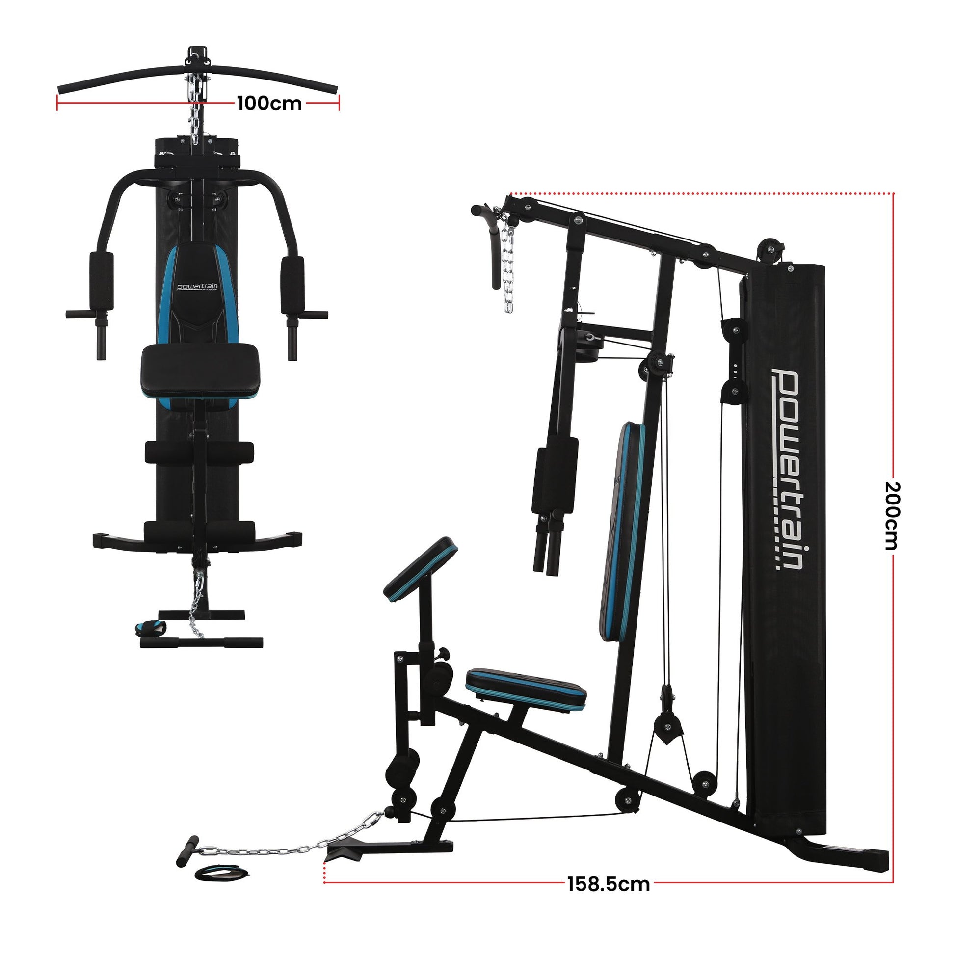 Powertrain JX-300 Multi Station Home Gym 44kg Weight Stack Cable Machine, Curl Pad Leg Extension and V240-HGM-JX-300