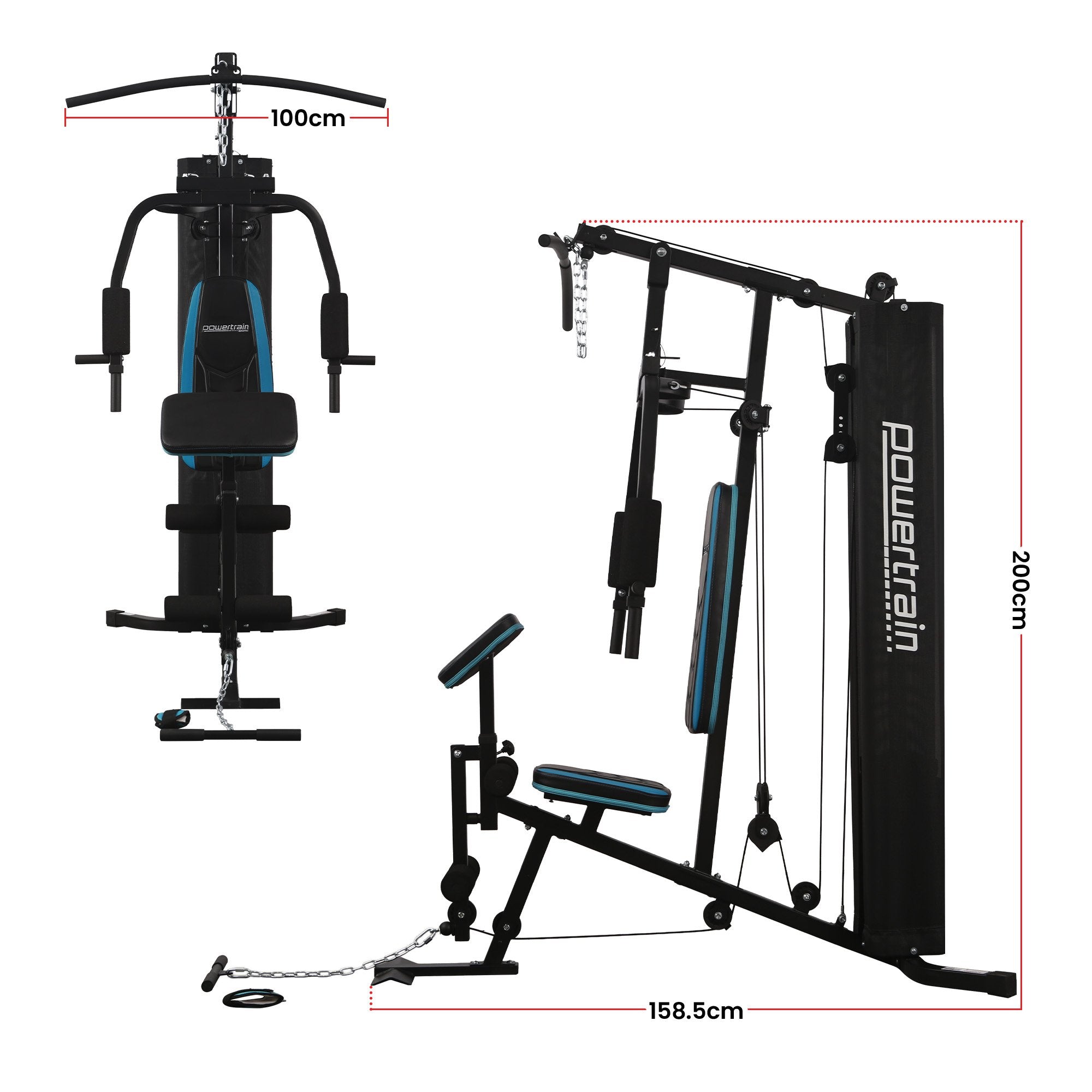 Powertrain JX-300 Multi Station Home Gym 44kg Weight Stack Cable Machine, Curl Pad Leg Extension and V240-HGM-JX-300