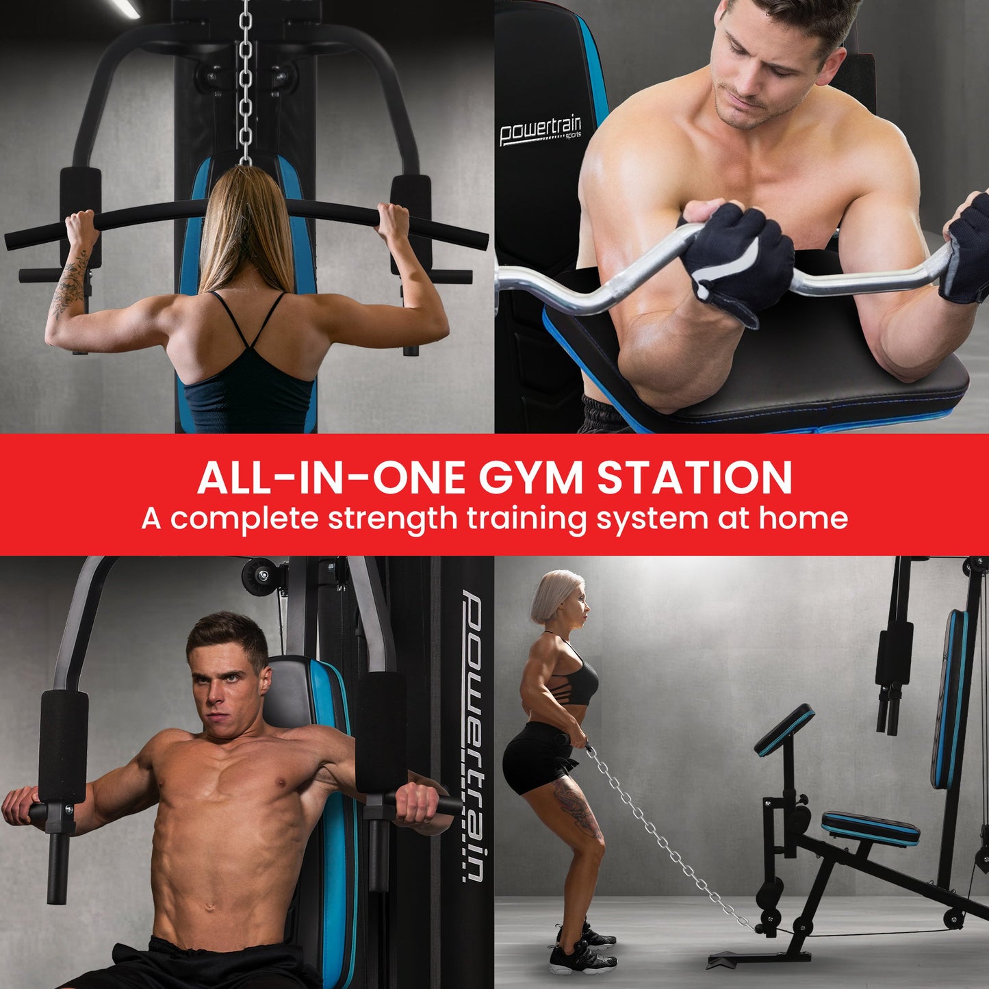 Powertrain JX-300 Multi Station Home Gym 44kg Weight Stack Cable Machine, Curl Pad Leg Extension and V240-HGM-JX-300