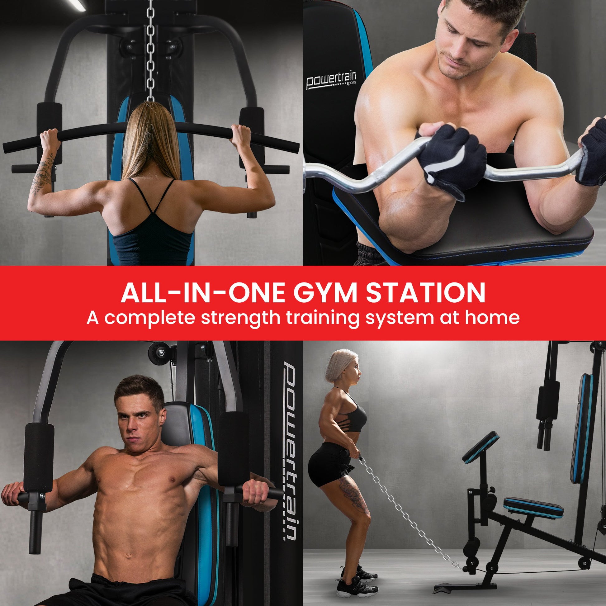 Powertrain JX-300 Multi Station Home Gym 44kg Weight Stack Cable Machine, Curl Pad Leg Extension and V240-HGM-JX-300