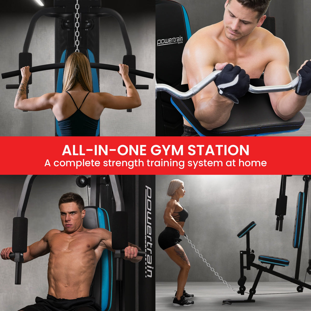 Powertrain JX-300 Multi Station Home Gym 44kg Weight Stack Cable Machine, Curl Pad Leg Extension and V240-HGM-JX-300