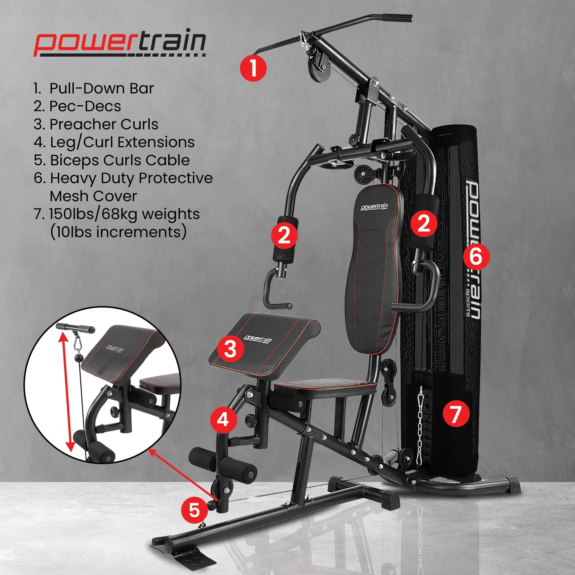 Powertrain Multi Station Home Gym With 68kg Weights Preacher Curl Pad V240-HGM-MTR-080-068
