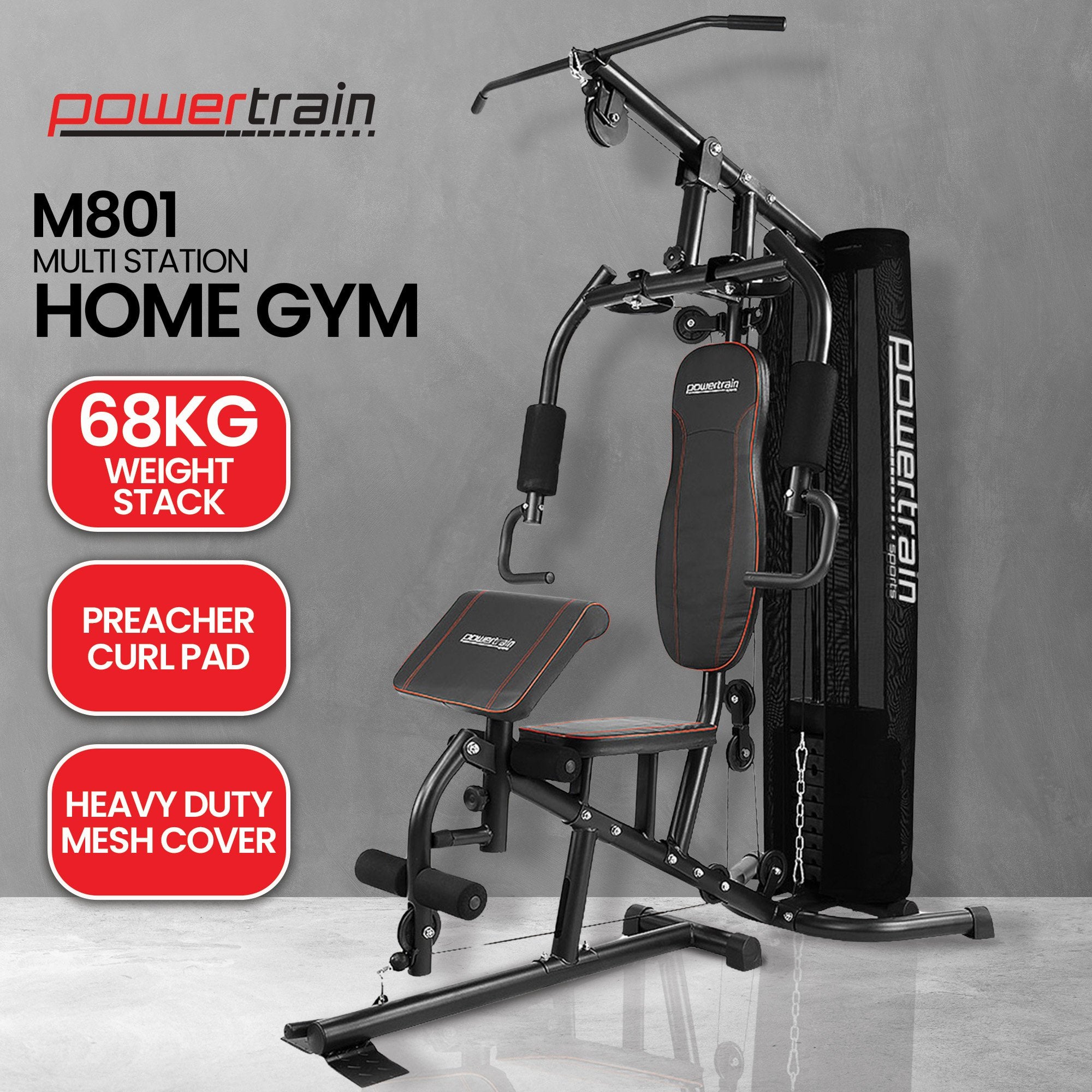Powertrain Multi Station Home Gym With 68kg Weights Preacher Curl Pad V240-HGM-MTR-080-068