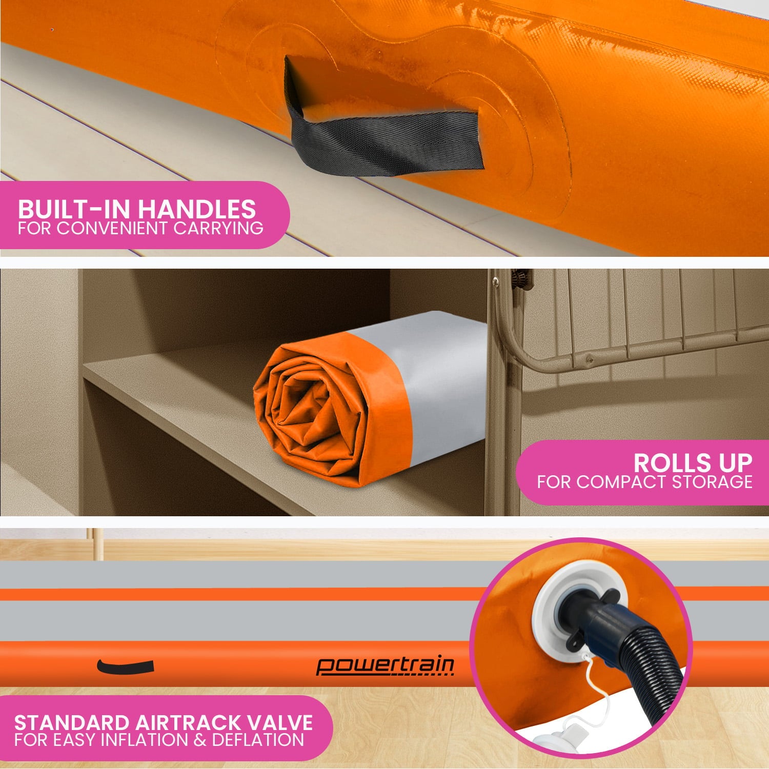 Powertrain Airtrack 20cm Thick 3m x 1m Inflatable Gymnastics Tumbling Mat Air Track - Orange V240-IFM-HL-301-ORG