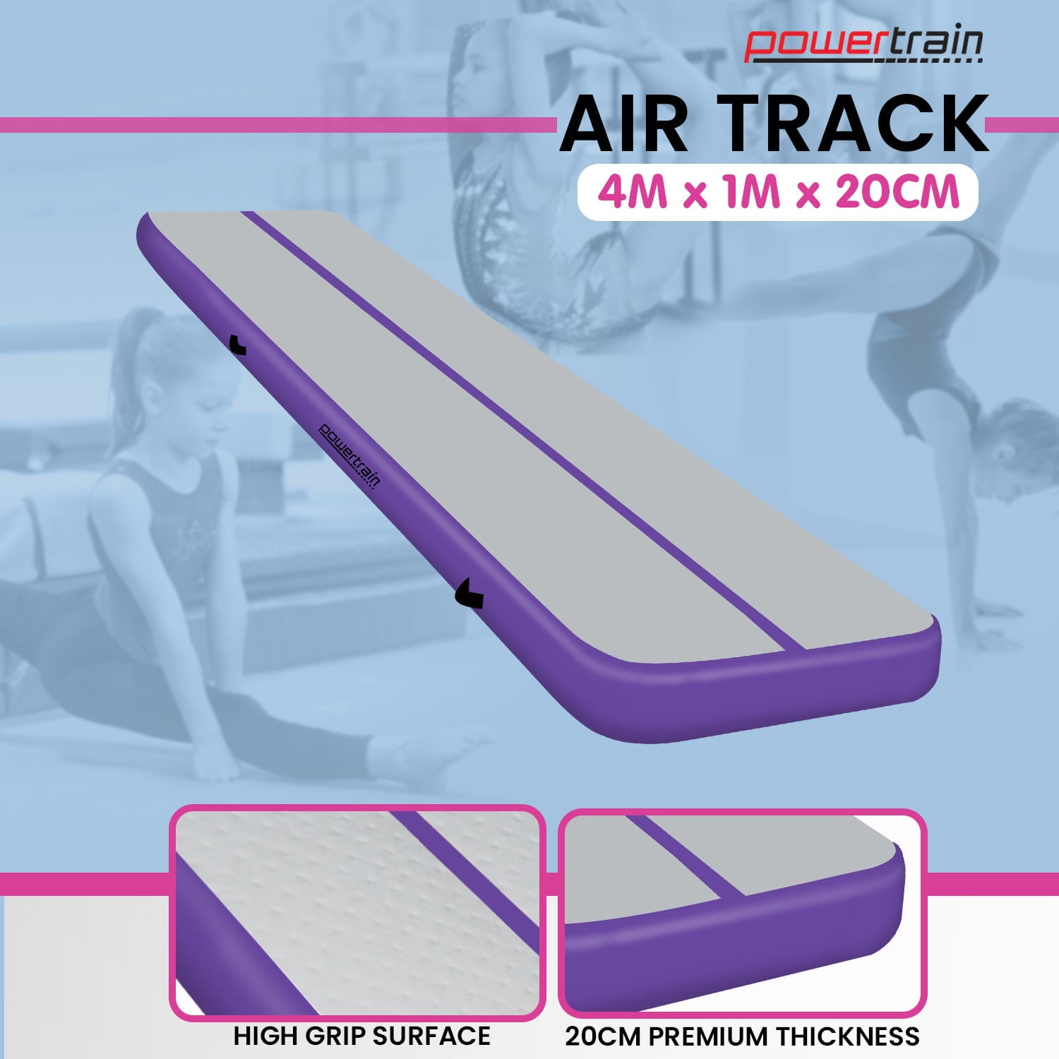 Powertrain Airtrack 20cm Thick 4m x 1m Inflatable Gymnastics Tumbling Mat Air Track - Purple V240-IFM-HL-401-PGY