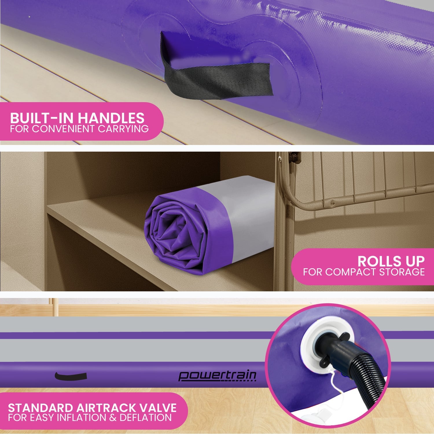 Powertrain Airtrack 20cm Thick 4m x 1m Inflatable Gymnastics Tumbling Mat Air Track - Purple V240-IFM-HL-401-PGY
