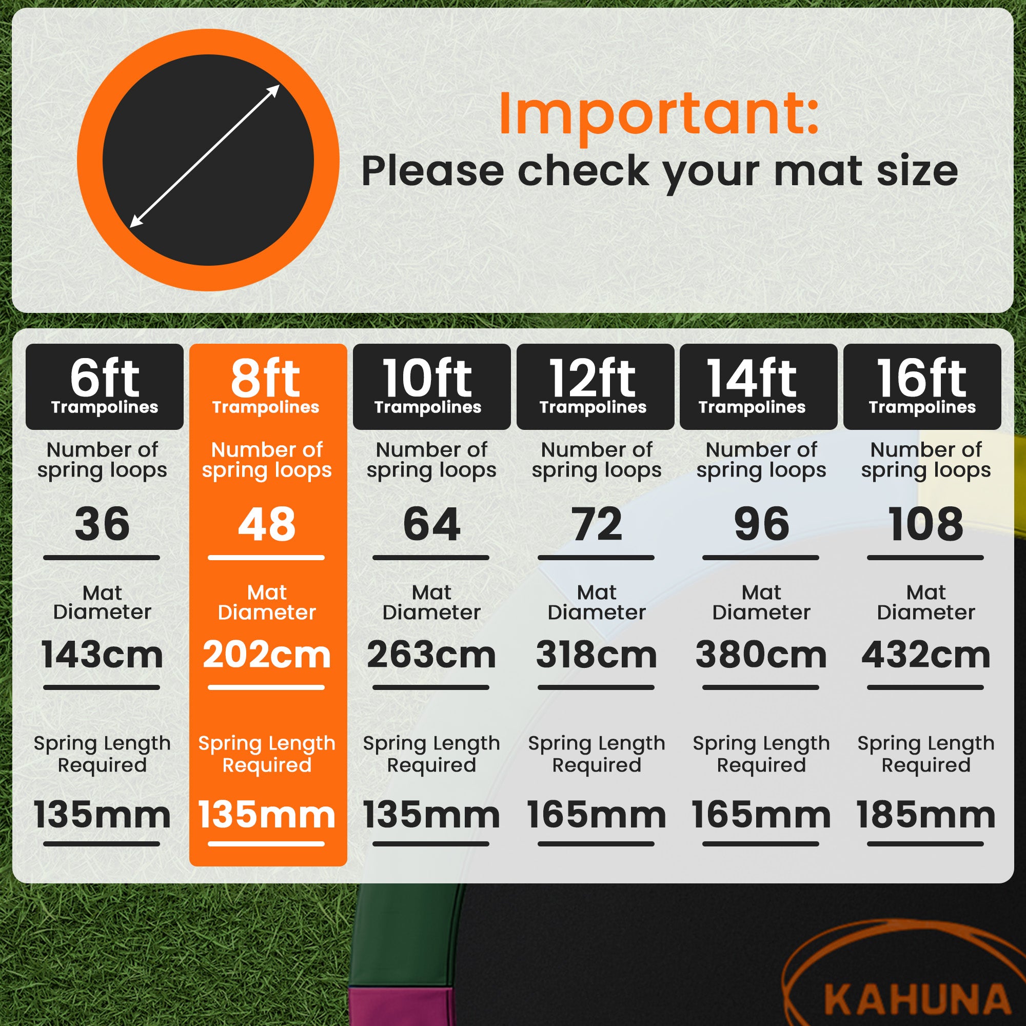 Kahuna 8ft Replacement Trampoline Safety Pad Cover and Jumping Spring Mat - Orange V240-KAH-PDMAT-08-OR
