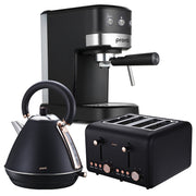 Pronti Breakfast Set with Rose Gold Kettle & Toaster with 1.2L Espresso Machine - Black V240-KT-TS-850D-BK