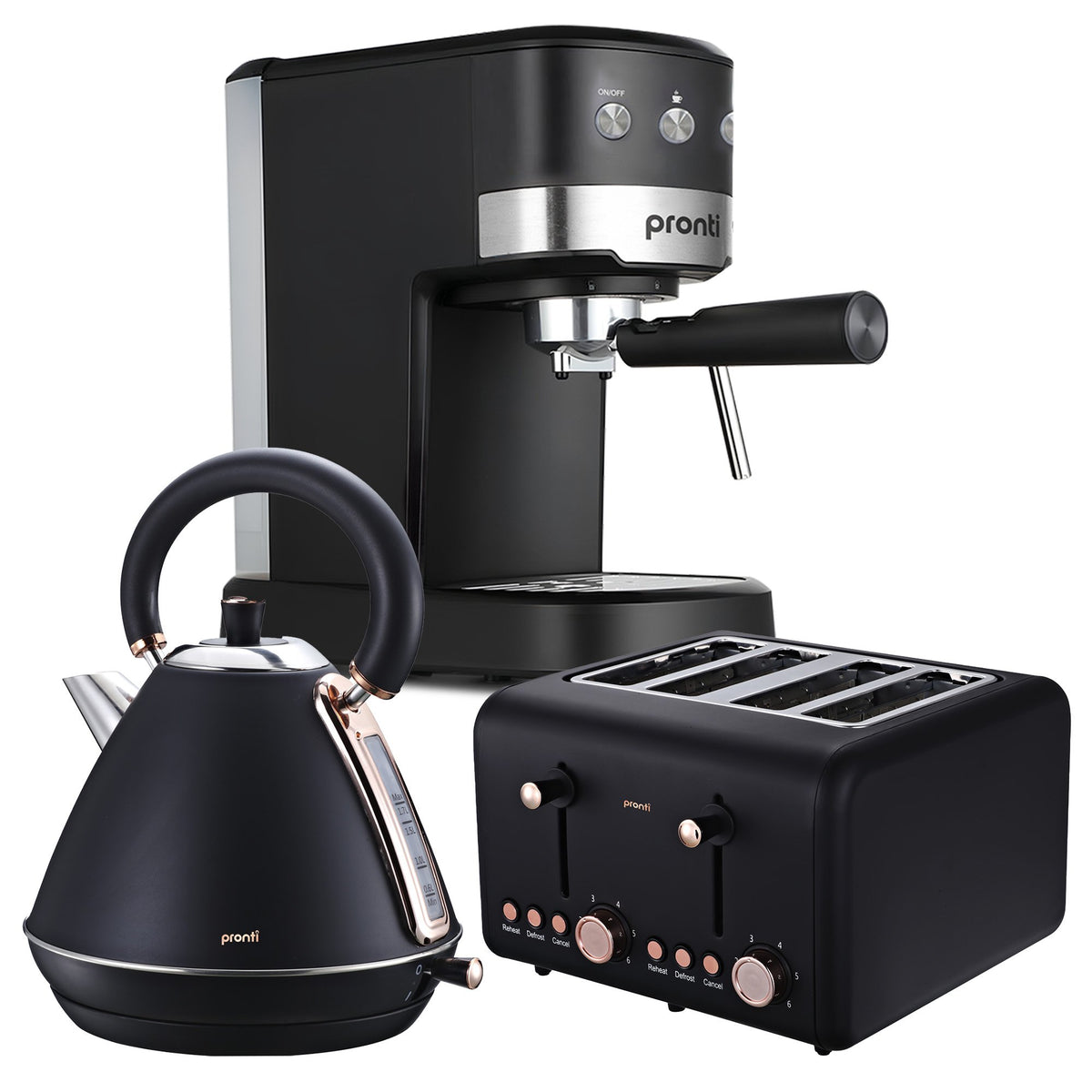 Pronti Breakfast Set with Rose Gold Kettle & Toaster with 1.2L Espresso Machine - Black V240-KT-TS-850D-BK