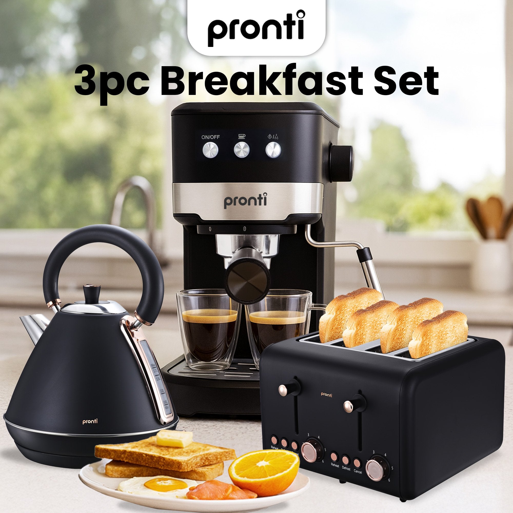 Pronti Breakfast Set with Rose Gold Kettle & Toaster with 1.2L Espresso Machine - Black V240-KT-TS-850D-BK