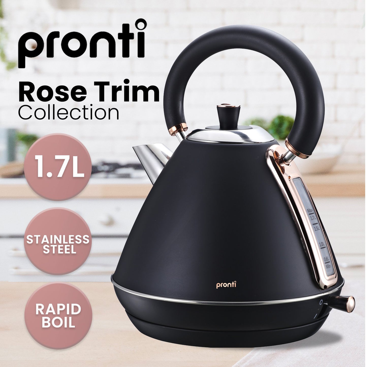 Pronti Breakfast Set with Rose Gold Kettle & Toaster with 1.2L Espresso Machine - Black V240-KT-TS-850D-BK