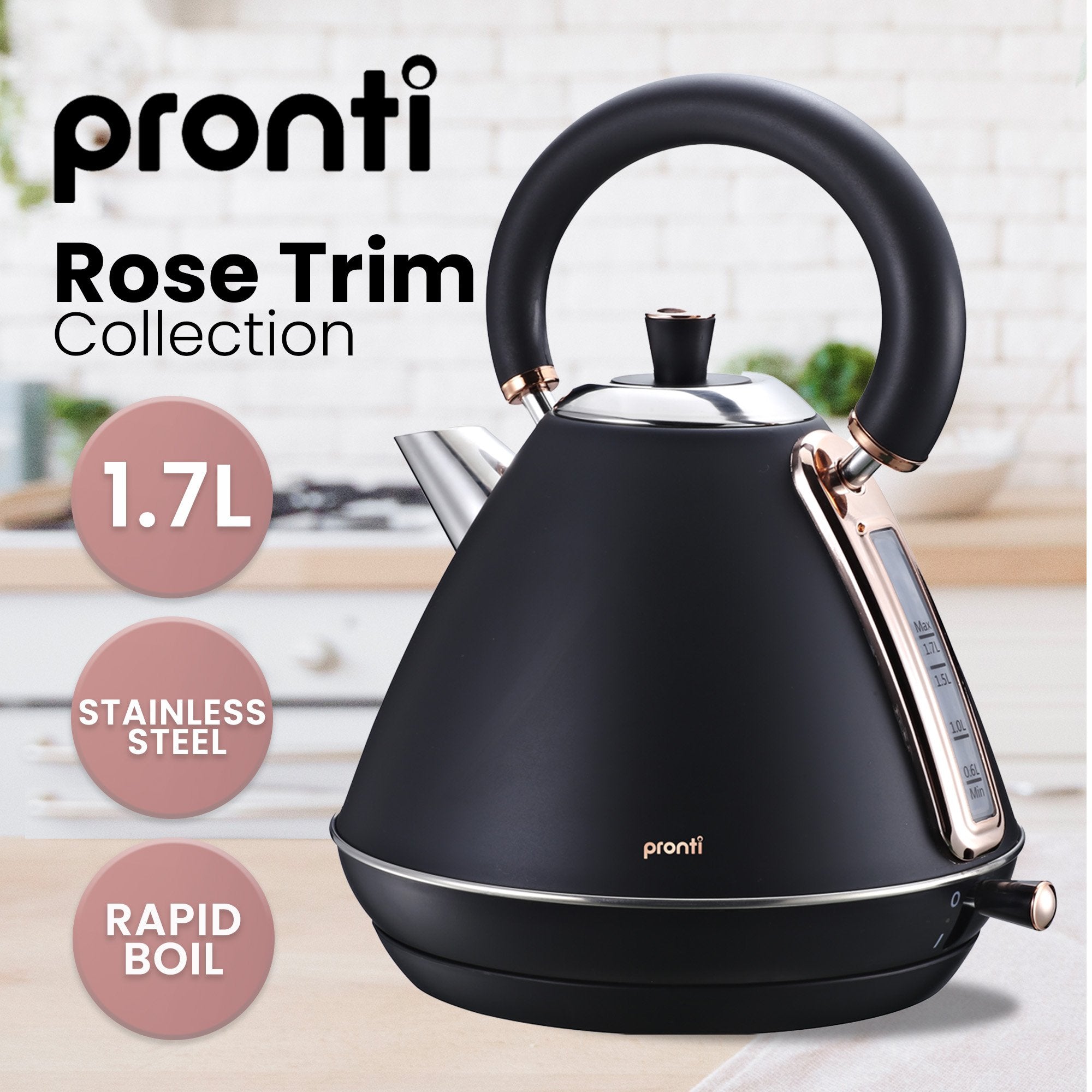 Pronti Breakfast Set with Rose Gold Kettle & Toaster with 1.2L Espresso Machine - Black V240-KT-TS-850D-BK