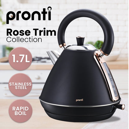 Pronti Breakfast Set with Rose Gold Kettle & Toaster with 1.2L Espresso Machine - Black V240-KT-TS-850D-BK