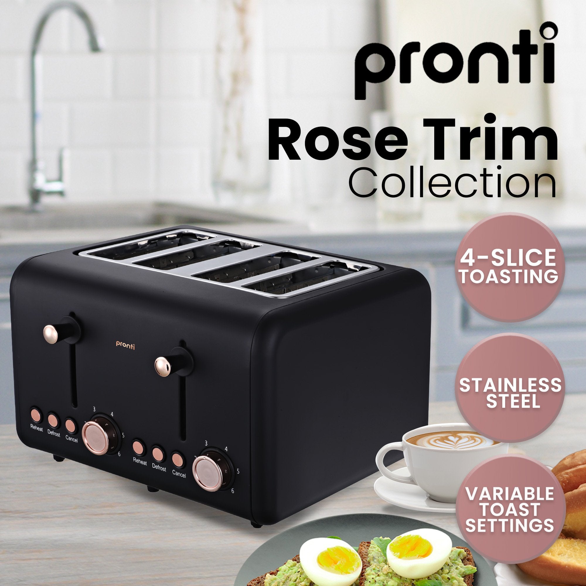 Pronti Breakfast Set with Rose Gold Kettle & Toaster with 1.2L Espresso Machine - Black V240-KT-TS-850D-BK