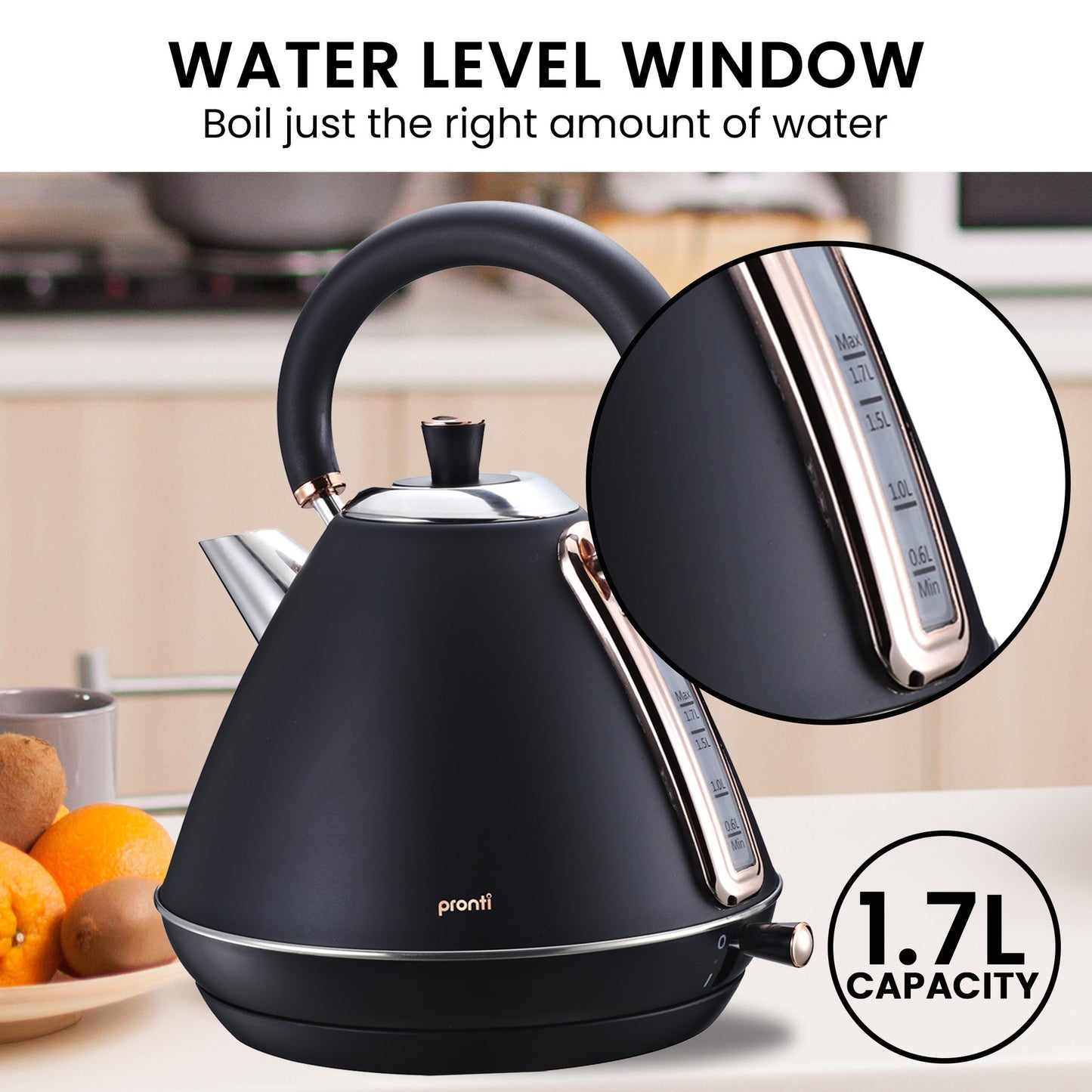 Pronti Breakfast Set with Rose Gold Kettle & Toaster with 1.2L Espresso Machine - Black V240-KT-TS-850D-BK
