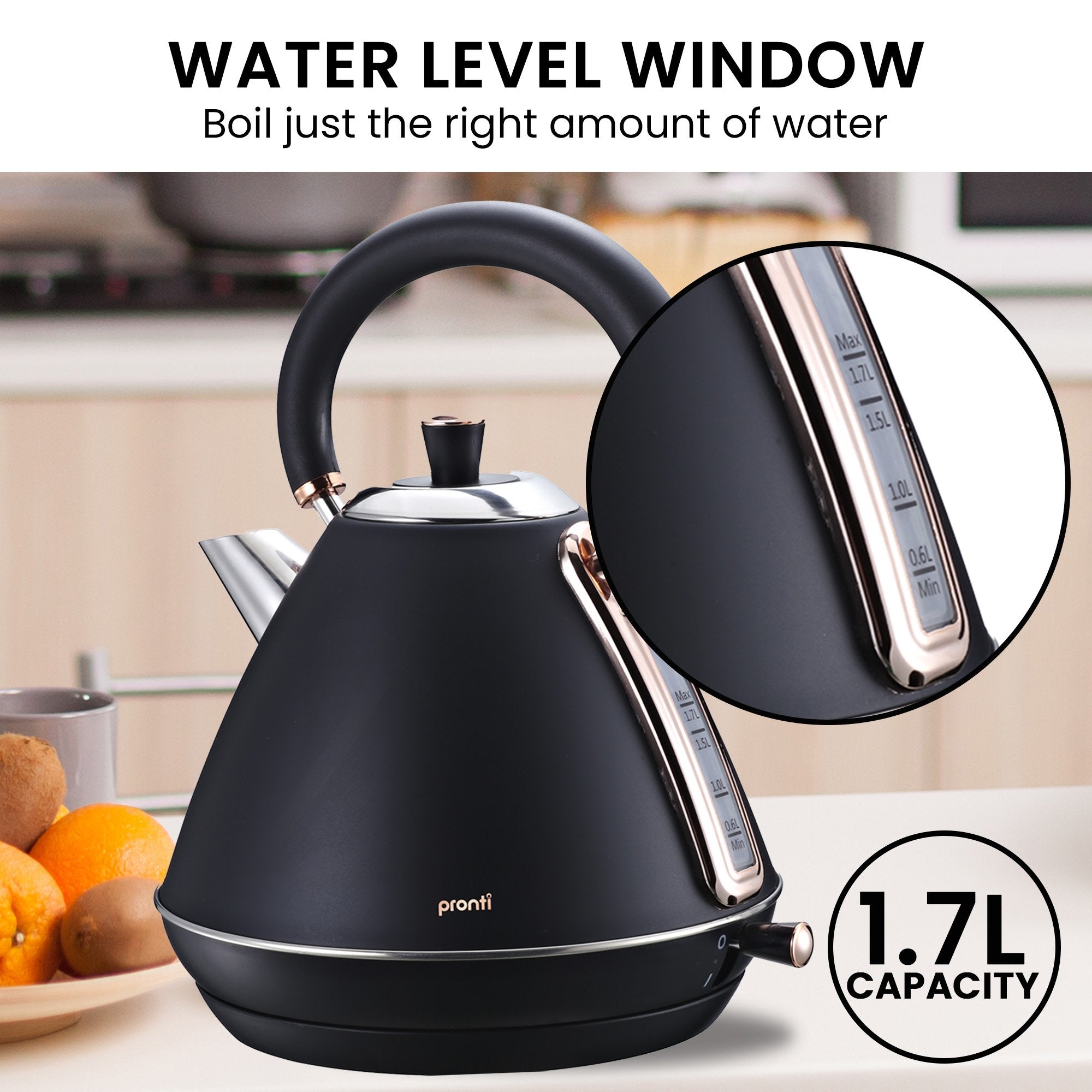 Pronti Breakfast Set with Rose Gold Kettle & Toaster with 1.2L Espresso Machine - Black V240-KT-TS-850D-BK