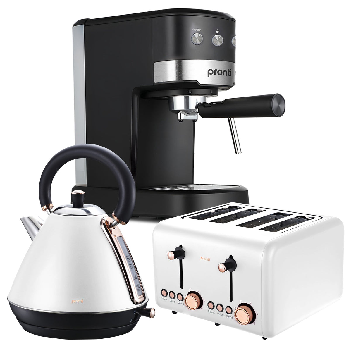 Pronti Breakfast Set with Rose Gold Kettle & Toaster with 1.2L Espresso Machine - White V240-KT-TS-850D-WH