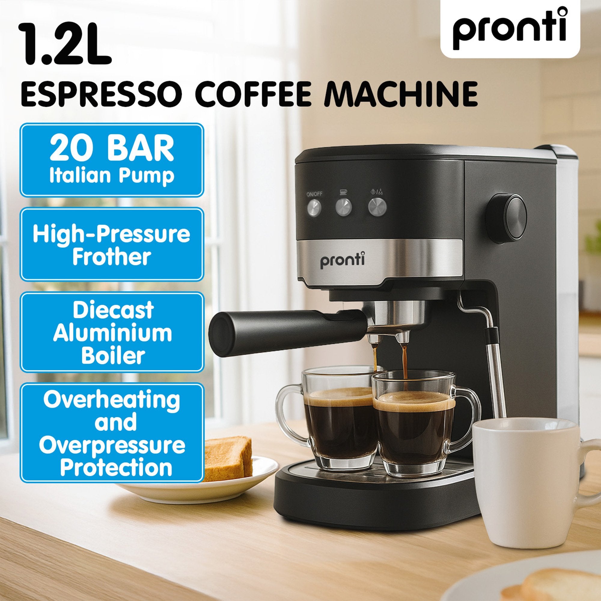Pronti Breakfast Set with Rose Gold Kettle & Toaster with 1.2L Espresso Machine - White V240-KT-TS-850D-WH
