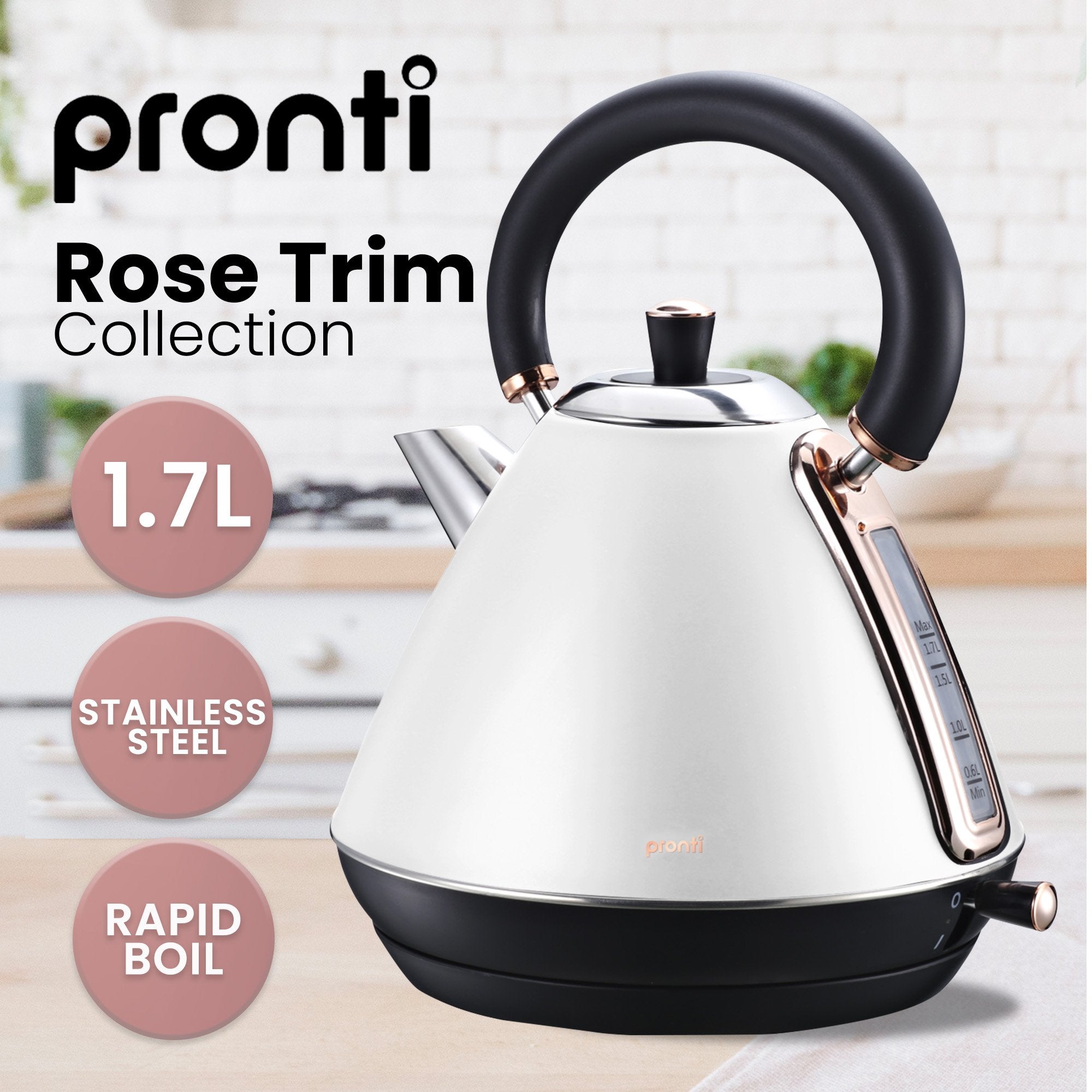 Pronti Breakfast Set with Rose Gold Kettle & Toaster with 1.2L Espresso Machine - White V240-KT-TS-850D-WH