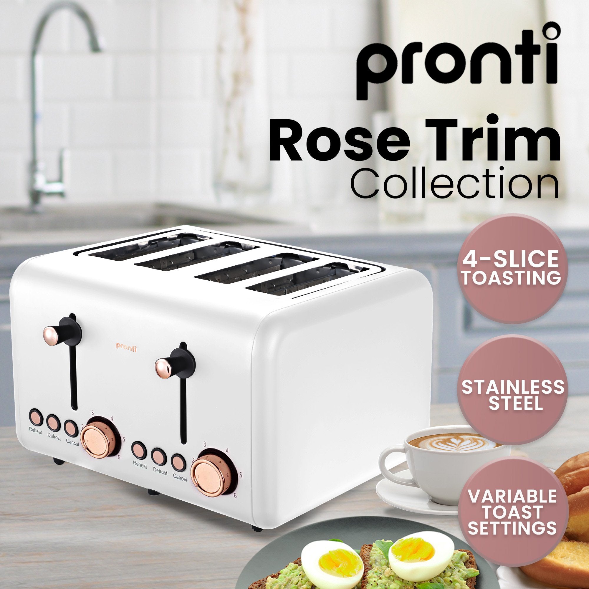 Pronti Breakfast Set with Rose Gold Kettle & Toaster with 1.2L Espresso Machine - White V240-KT-TS-850D-WH
